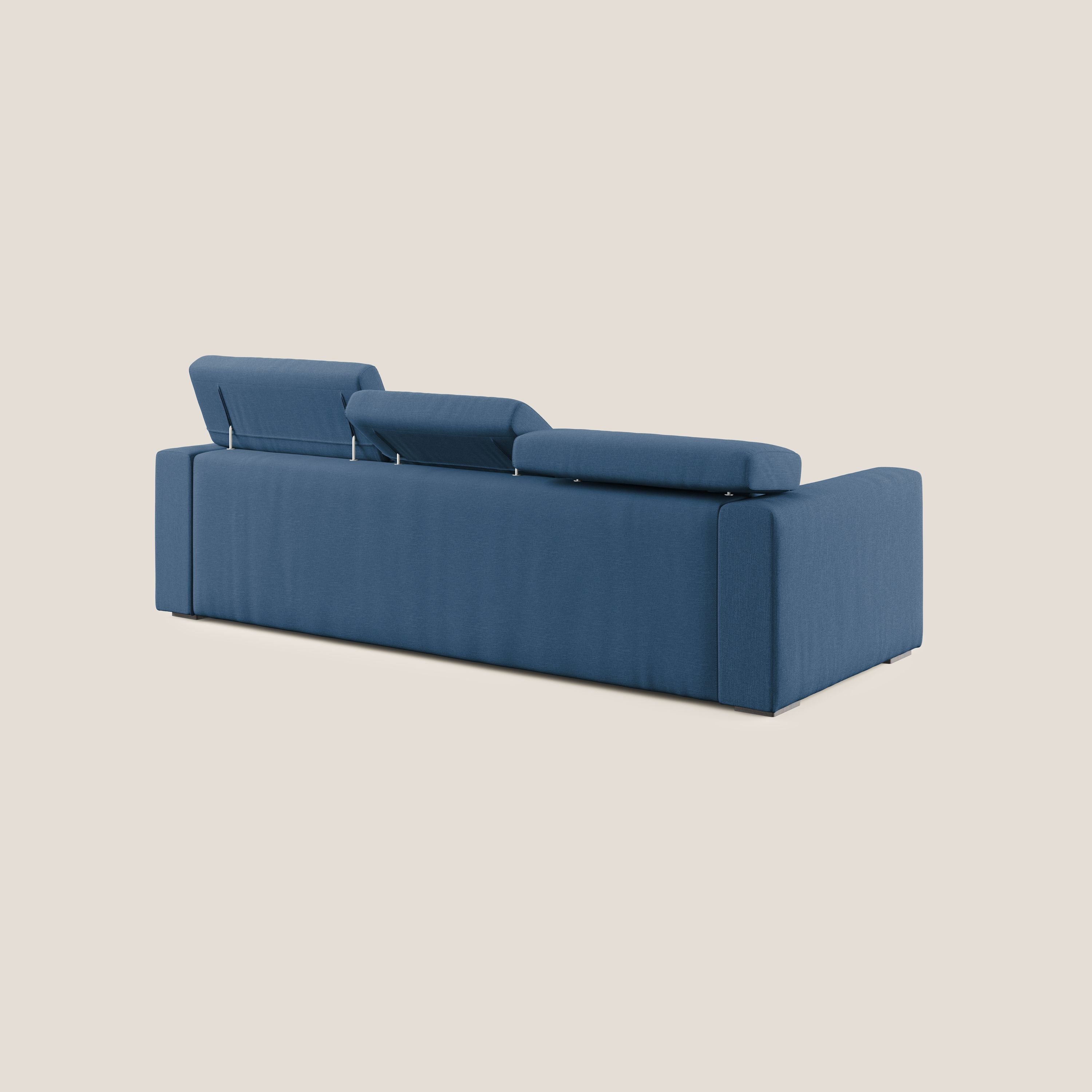 Dylan divano angolare con pouf estraibile poggiapiedi in tessuto simil cotone impermeabile T13 blu - divani.store