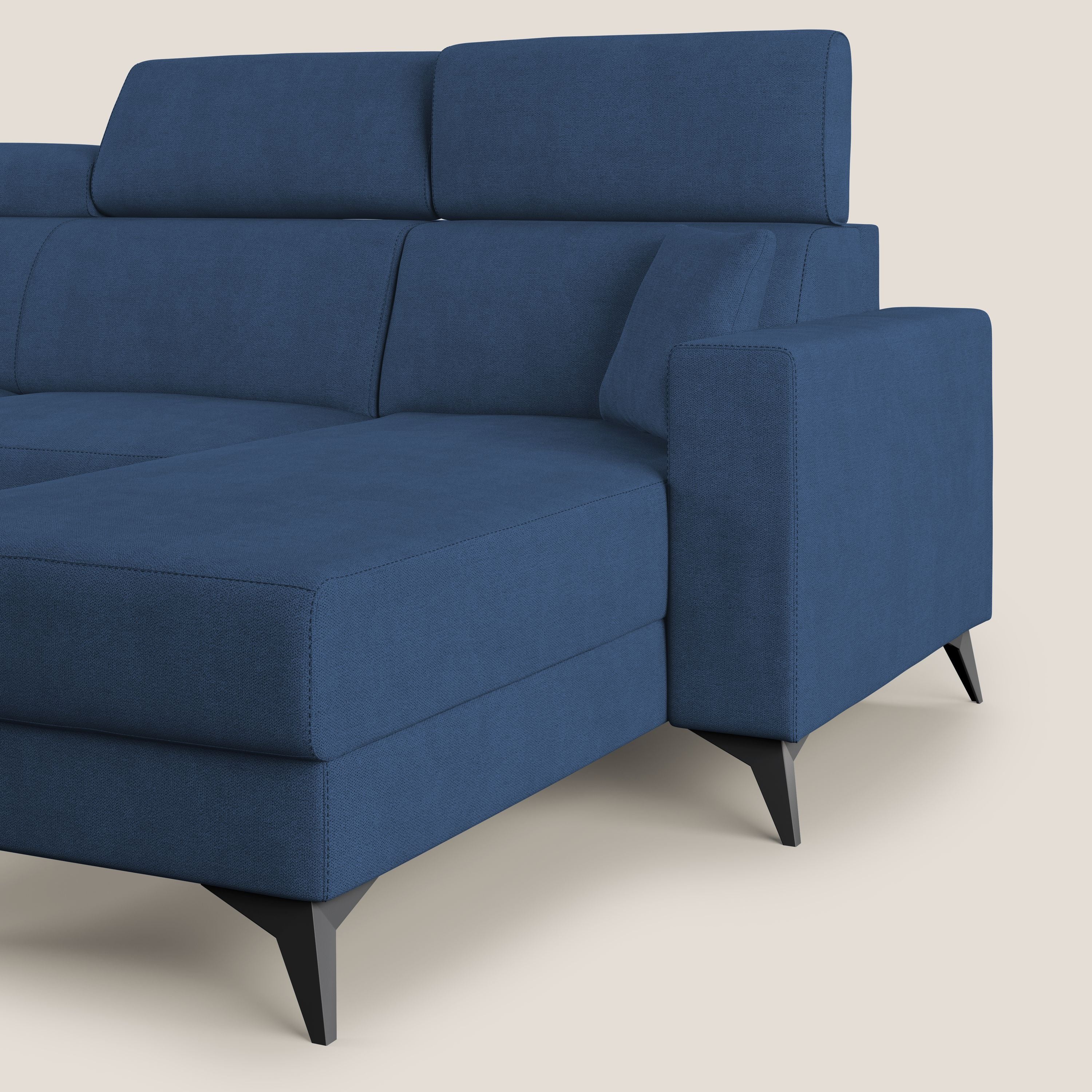 Pegaso divano letto angolare con poggiatesta reclinabili e rivestimento impermeabile T02 blu - divani.store