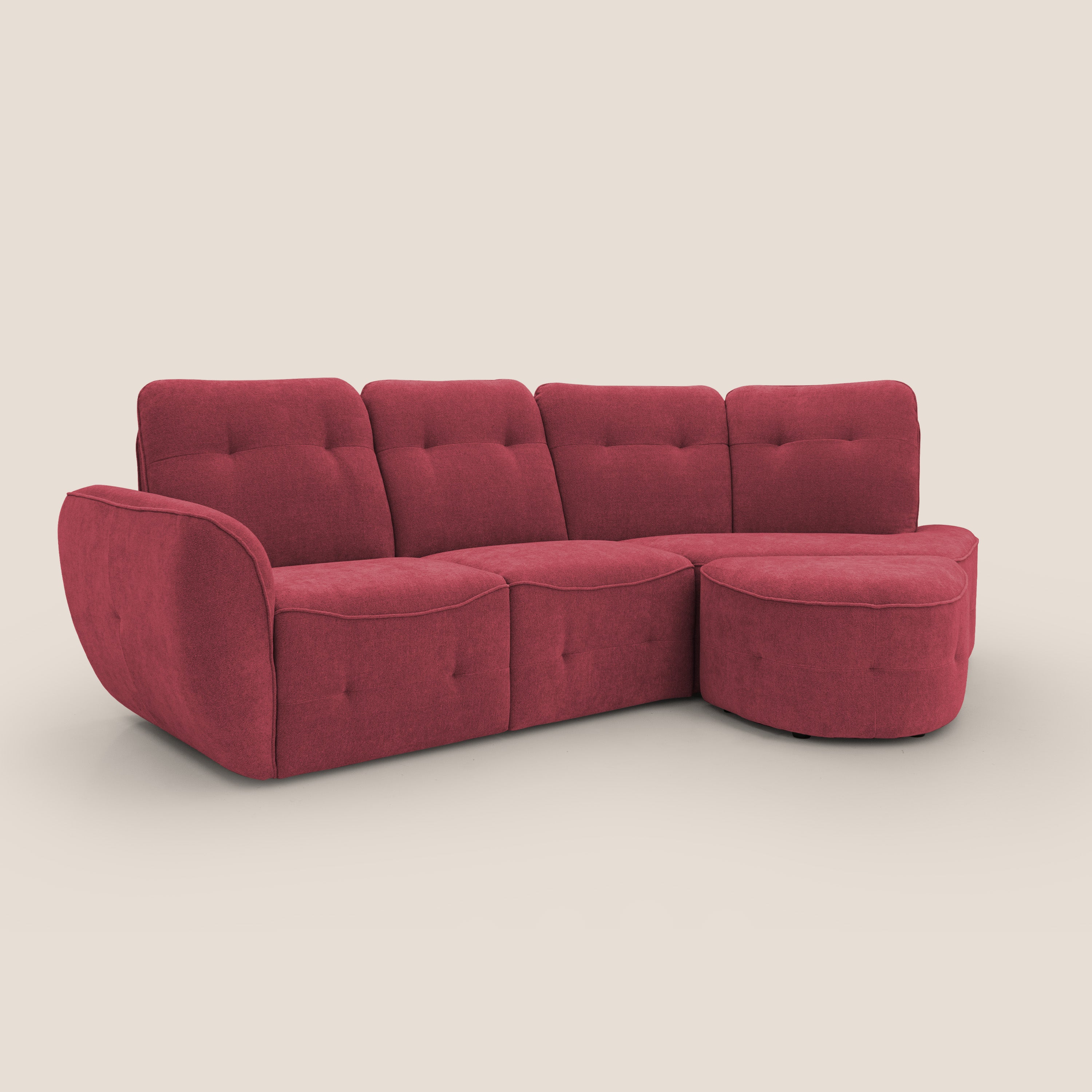 Cerbero divano angolare con pouf mobile in morbido bouclé impermeabile T07 rosso - divani.store