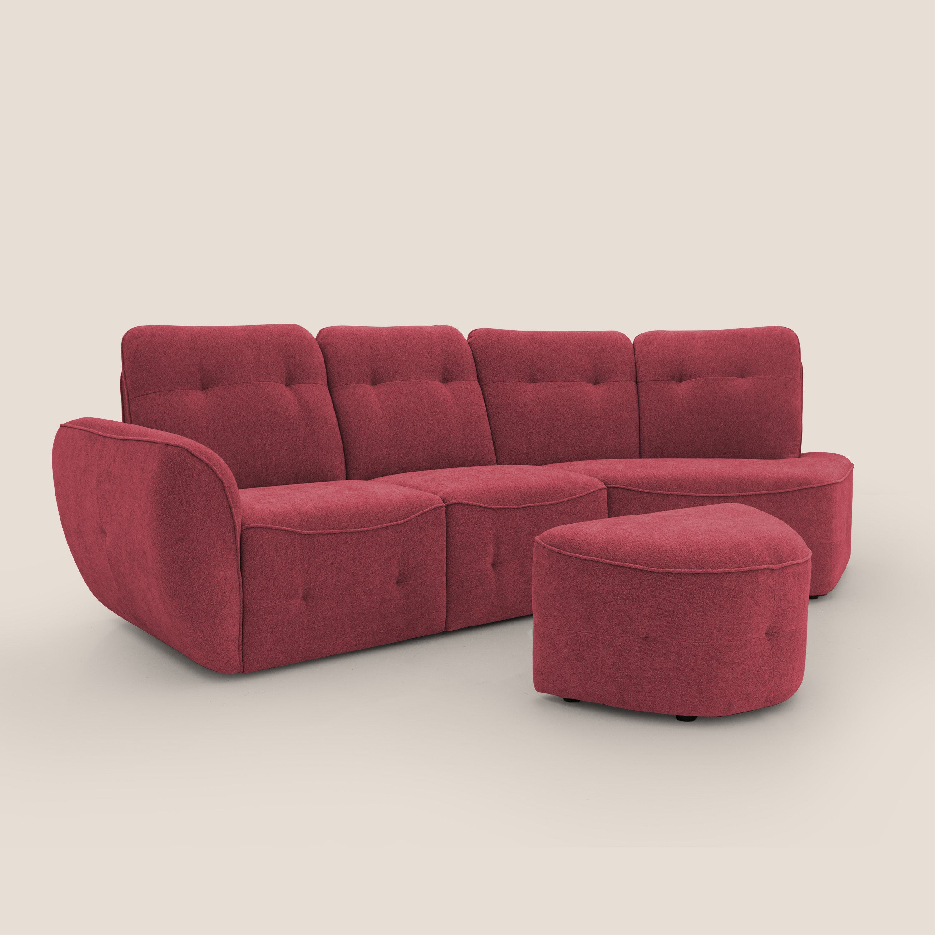 Cerbero divano angolare con pouf mobile in morbido bouclé impermeabile T07 rosso - divani.store