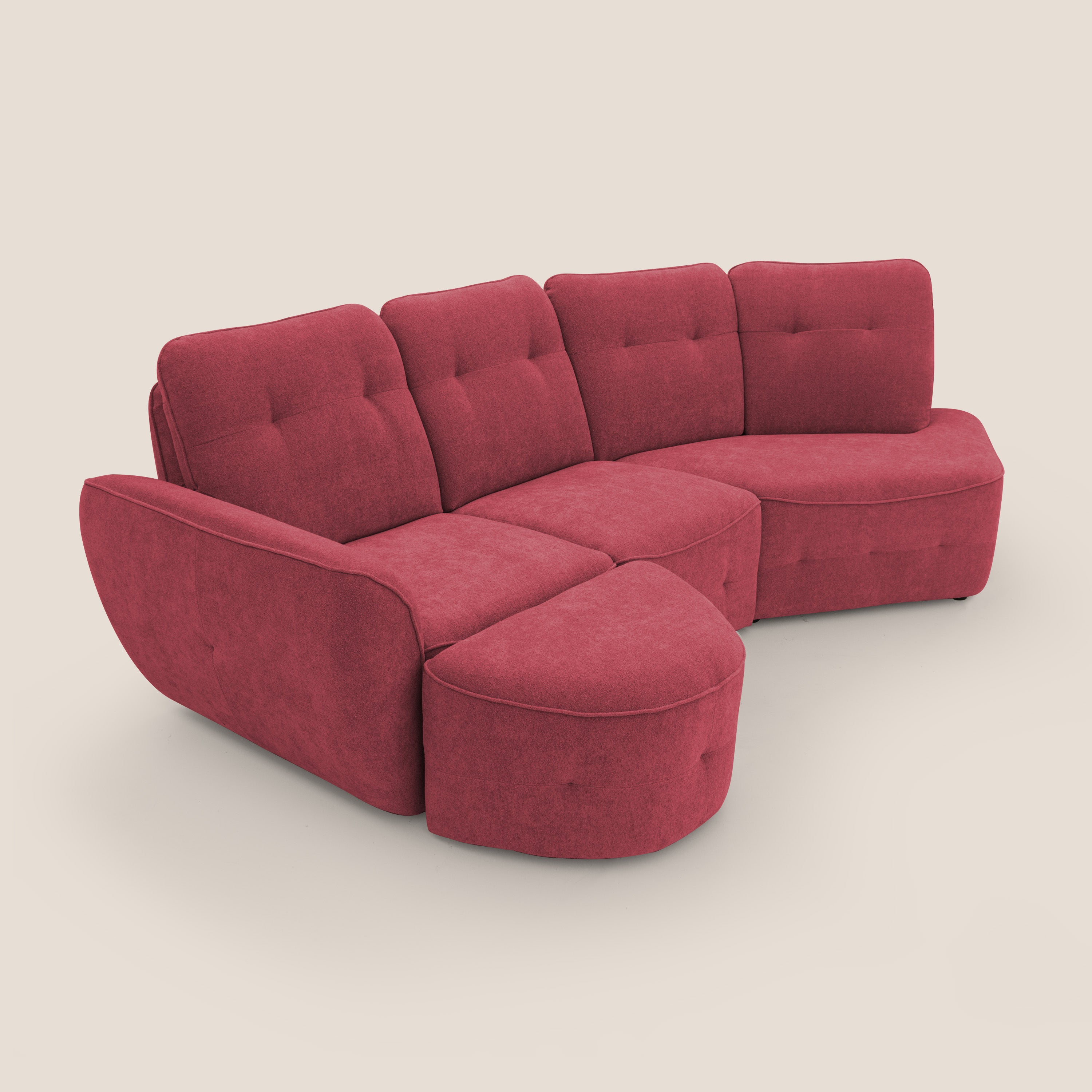 Cerbero divano angolare con pouf mobile in morbido bouclé impermeabile T07 rosso - divani.store