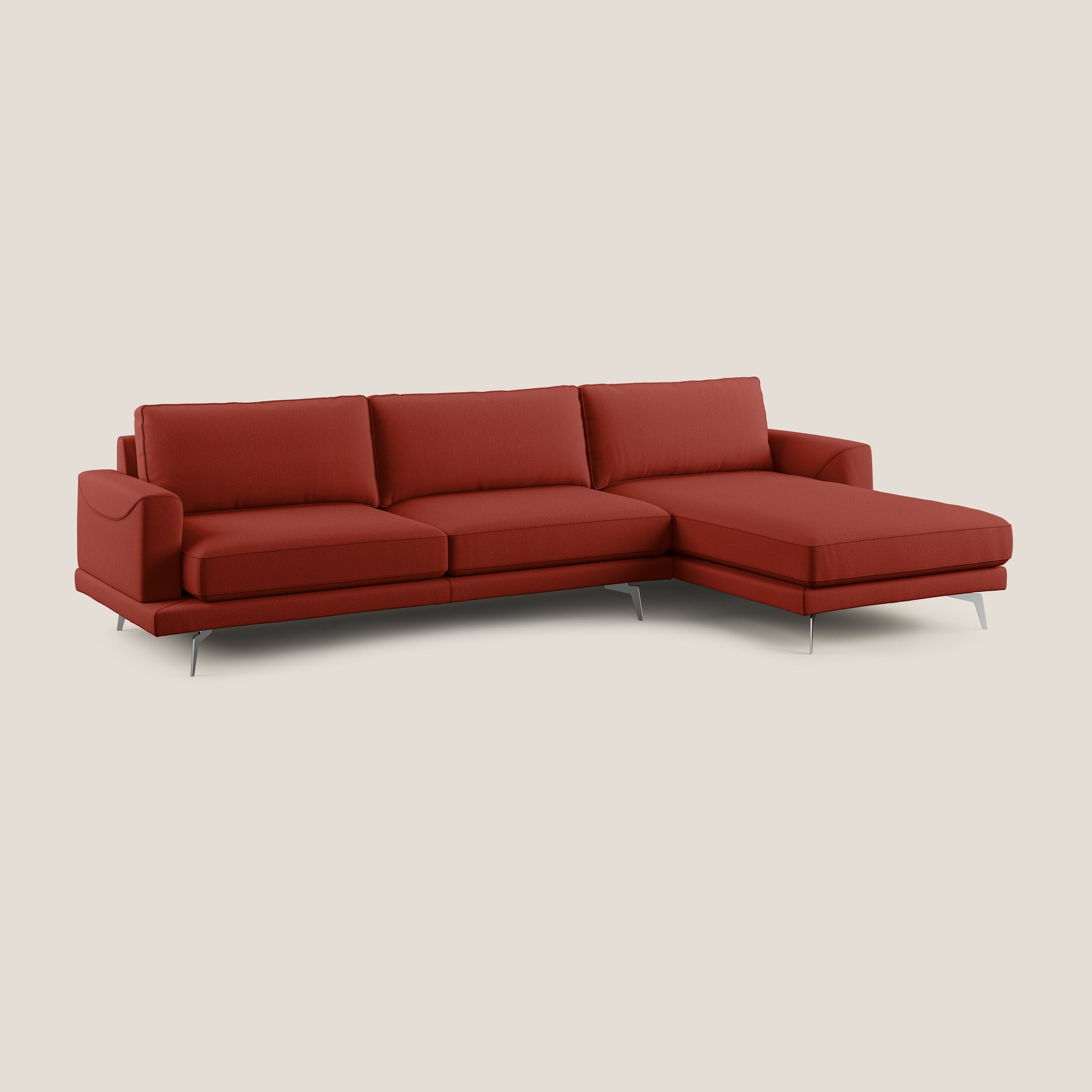 Dorian divano moderno angolare con penisola in tessuto morbido antimacchia T05 rosso - divani.store