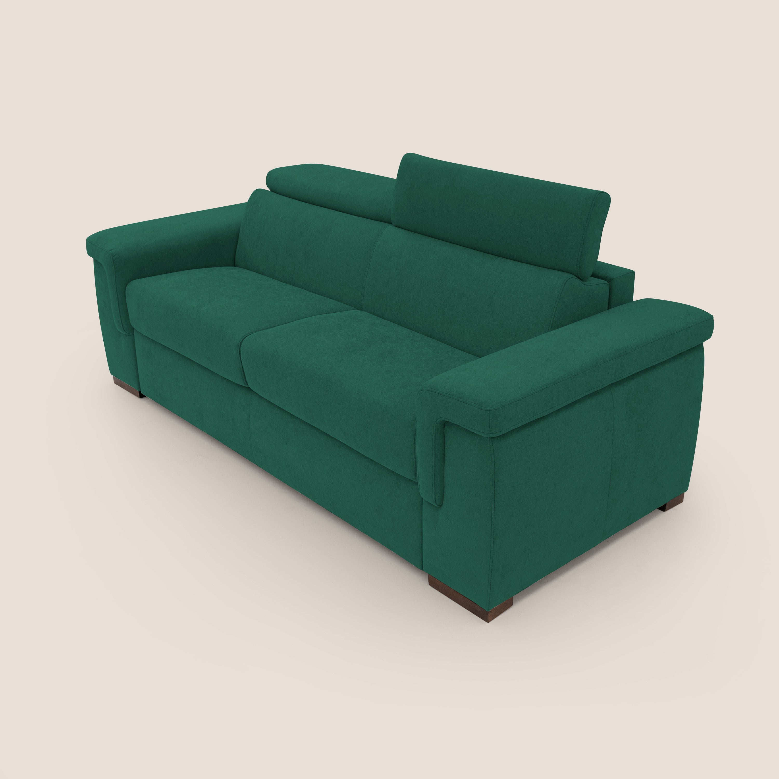 Giunone divano letto con materasso alto 18 cm e poggiatesta reclinabili in tessuto impermeabile T02 verde - divani.store