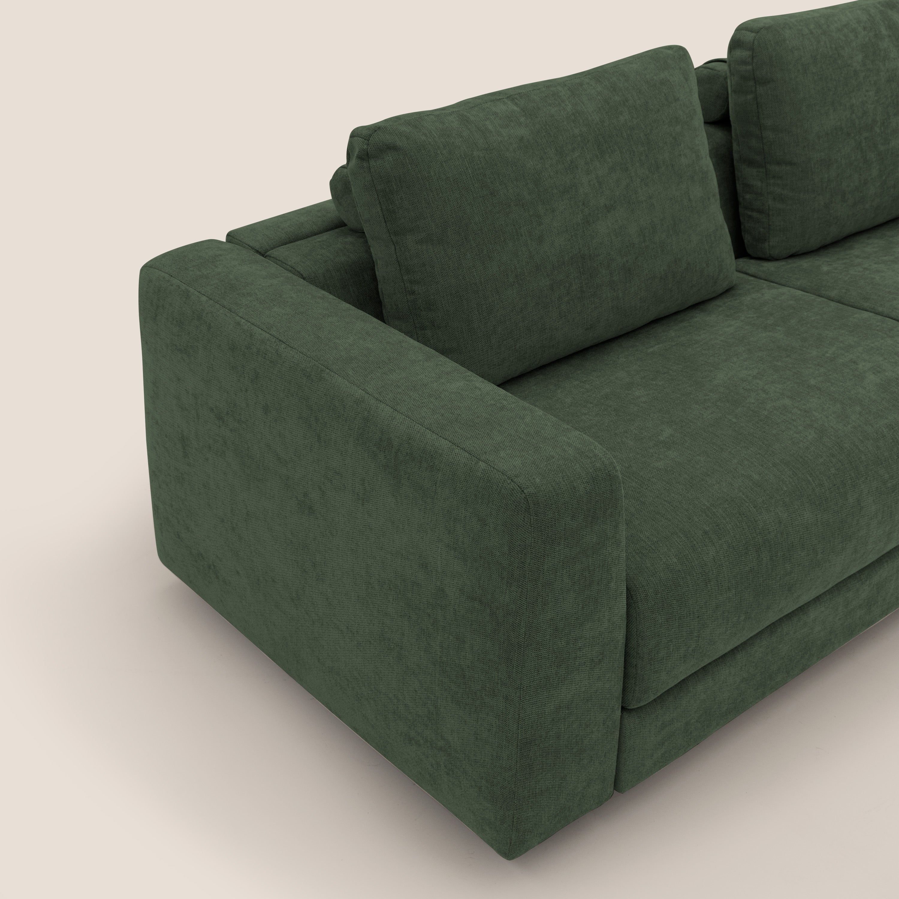 Freia Divano letto minimal materasso h15 cm con morbidi schienali in tessuto impermeabile T14 verde - divani.store