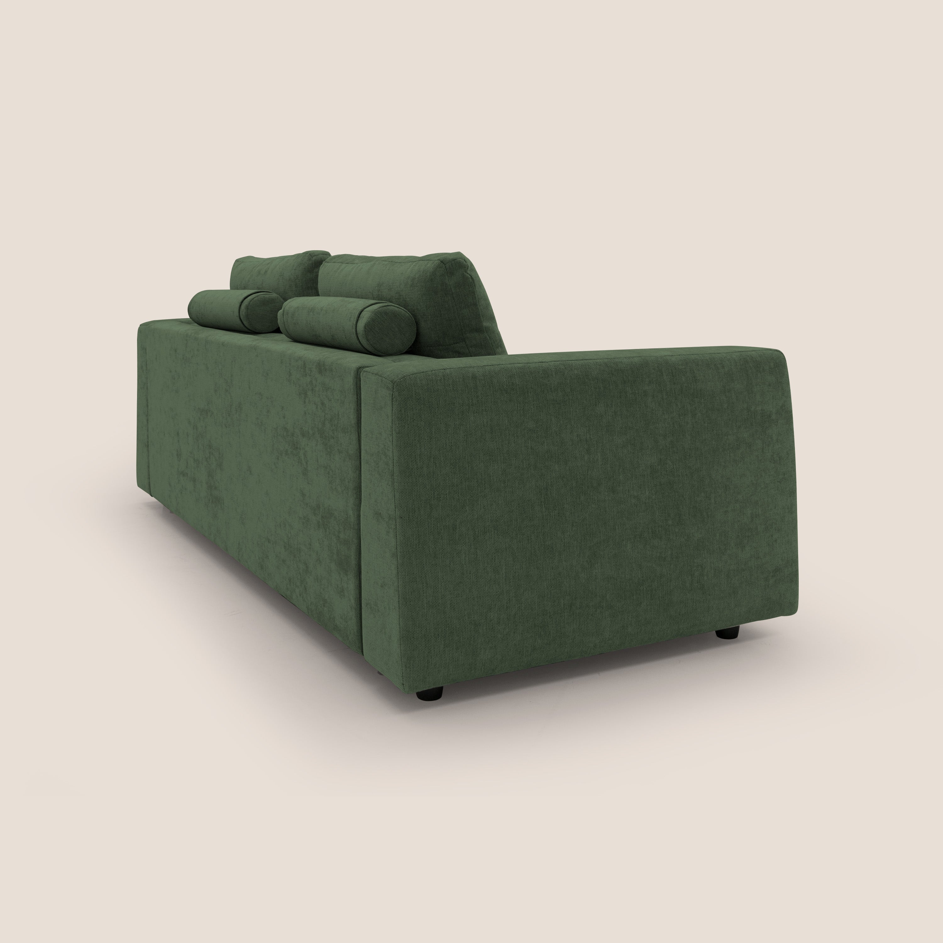 Freia Divano letto minimal materasso h15 cm con morbidi schienali in tessuto impermeabile T14 verde - divani.store