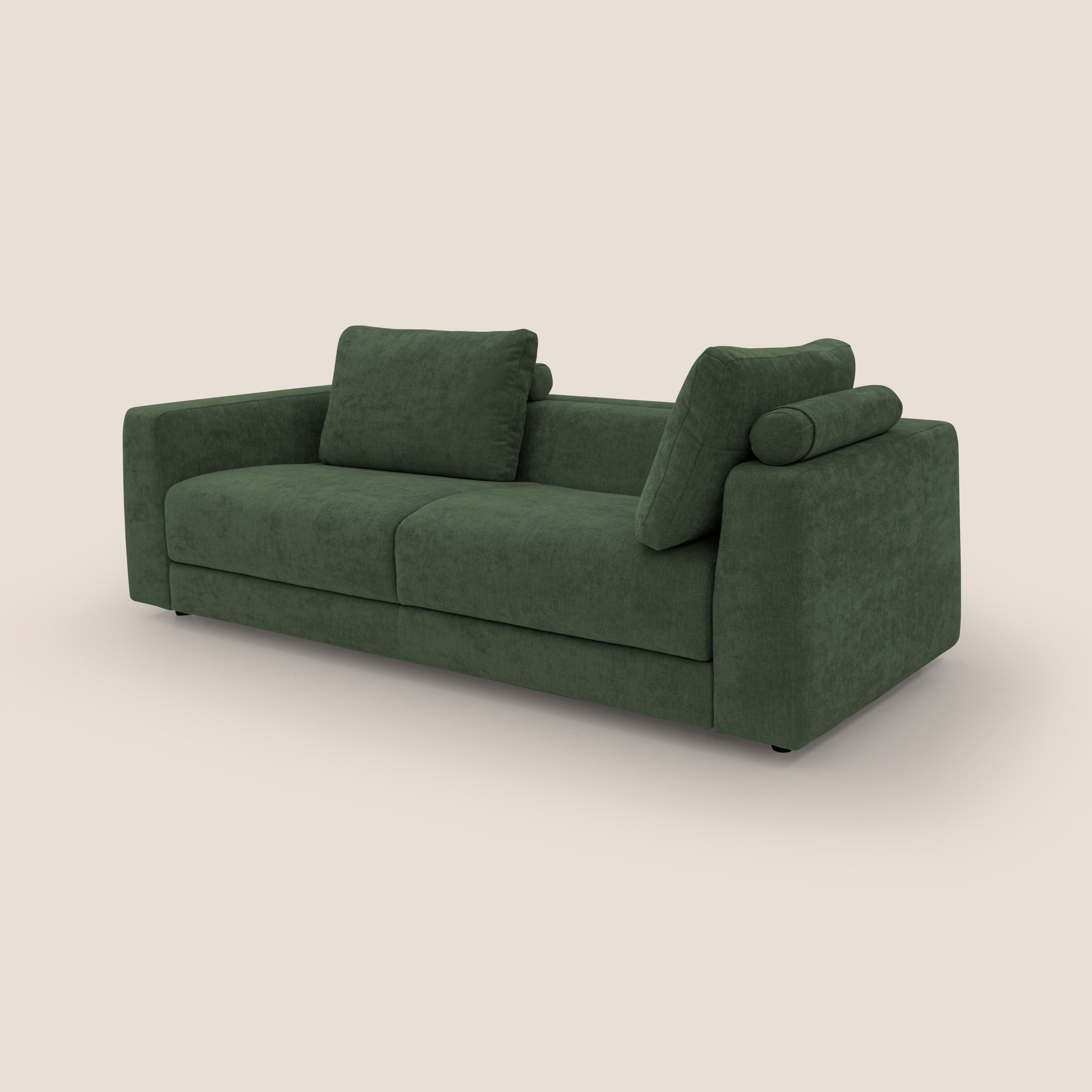 Freia Divano letto minimal materasso h15 cm con morbidi schienali in tessuto impermeabile T14 verde - divani.store