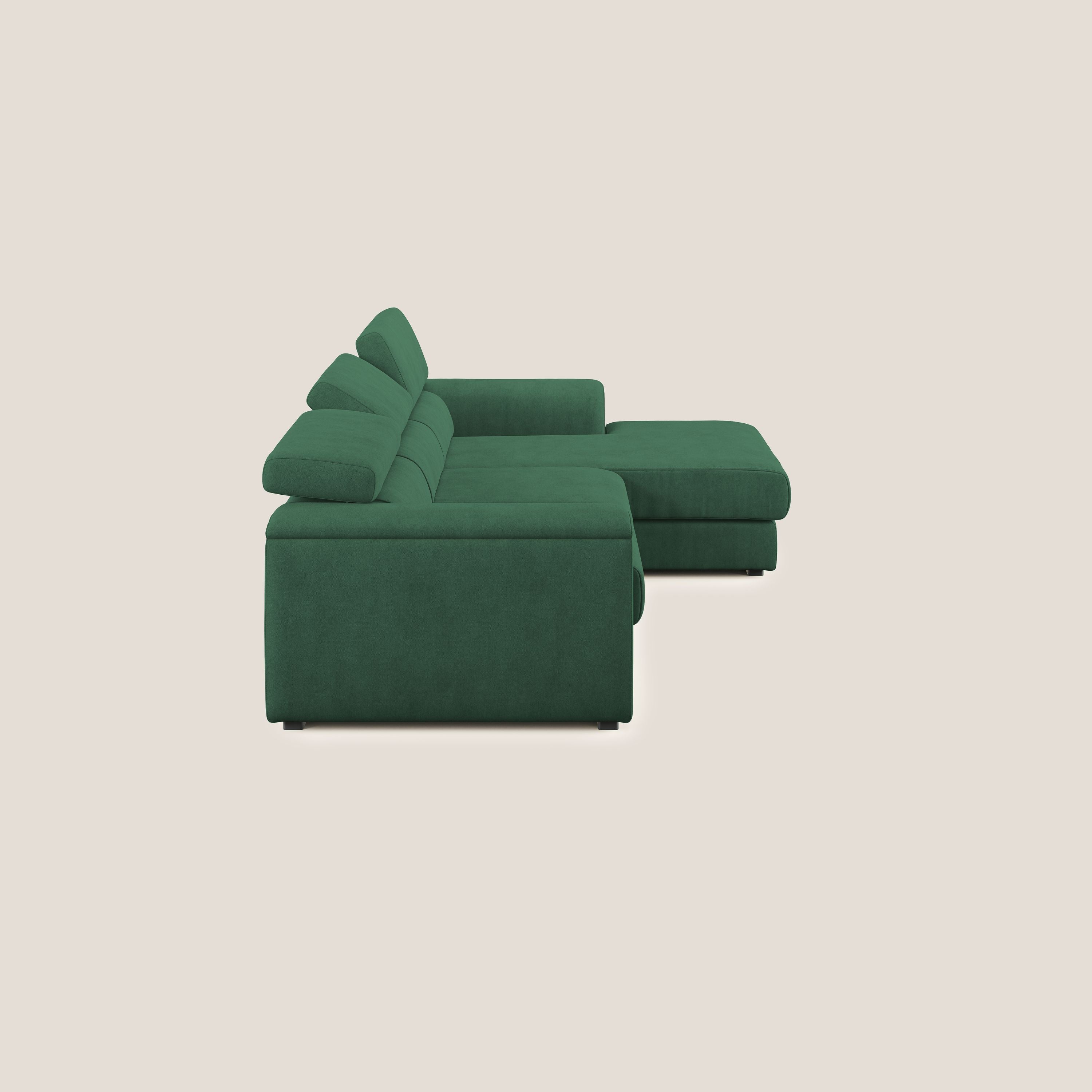 Zeno Divano angolare con pouf estraibile poggiapiedi in tessuto morbido impermeabile T02 verde - divani.store