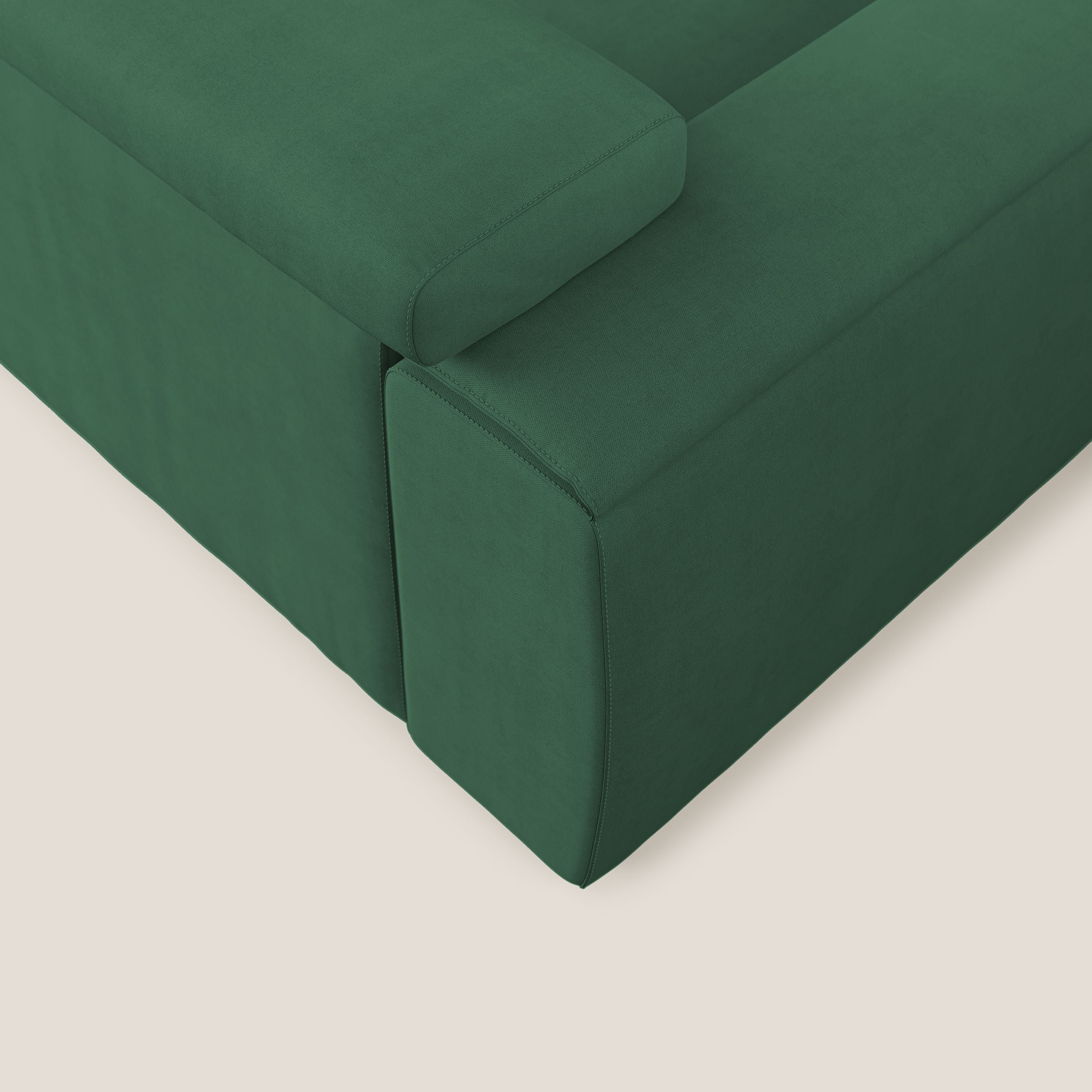 Zeno Divano angolare con pouf estraibile poggiapiedi in tessuto morbido impermeabile T02 verde - divani.store