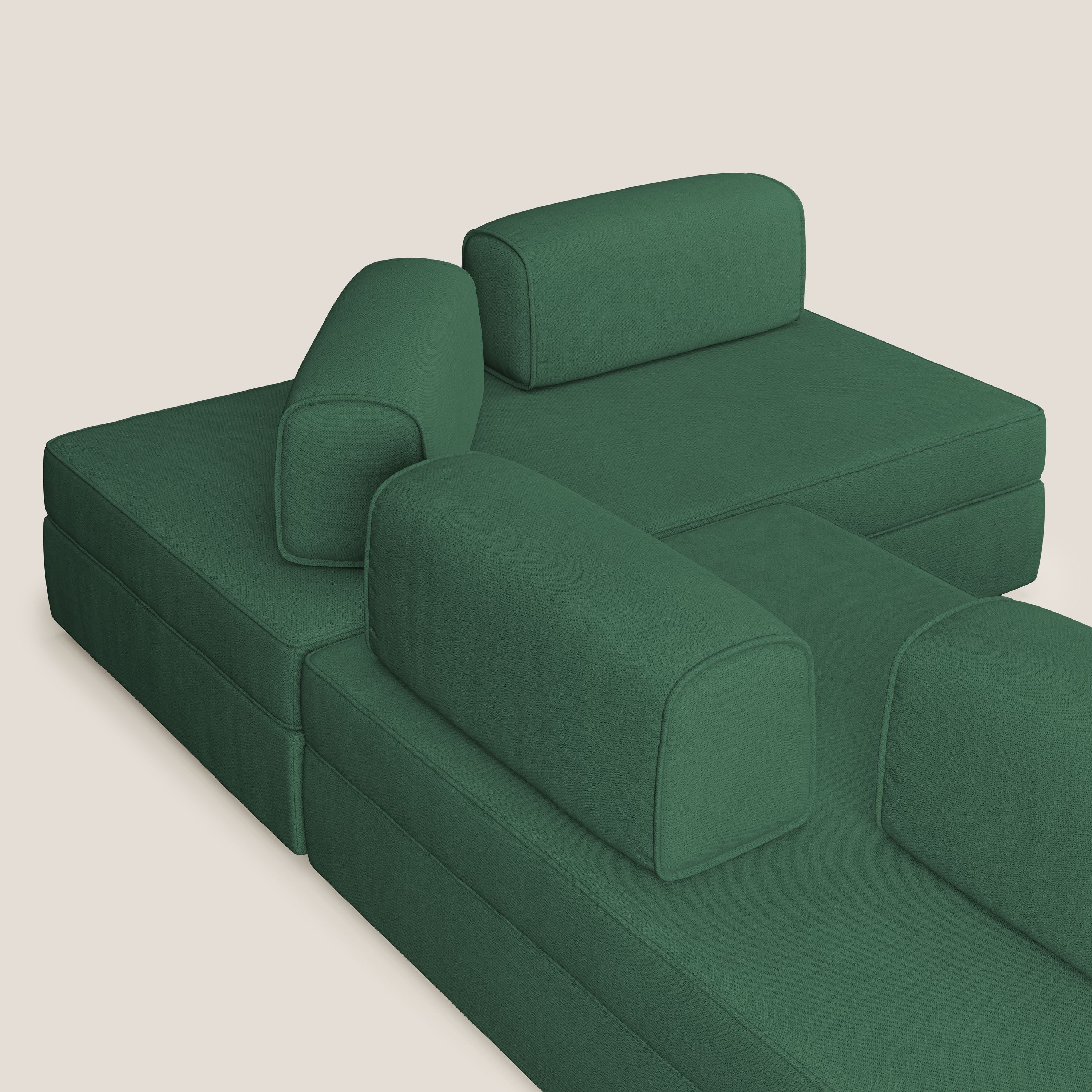 Liberty divano angolare con pouf estraibile e schienali movibili in tessuto morbido impermeabile T02 verde - divani.store