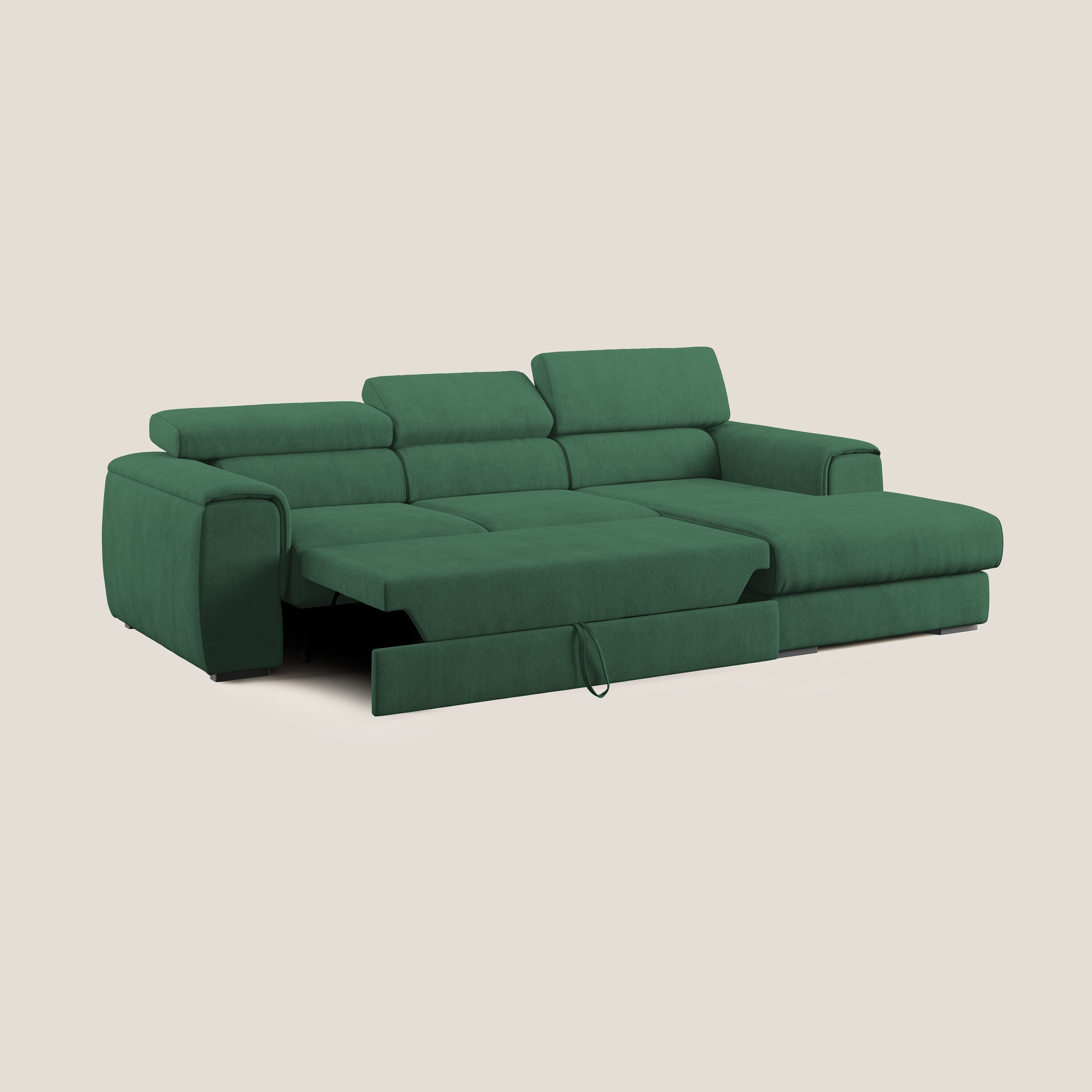 Zeno Divano angolare con pouf estraibile poggiapiedi in tessuto morbido impermeabile T02 verde - divani.store