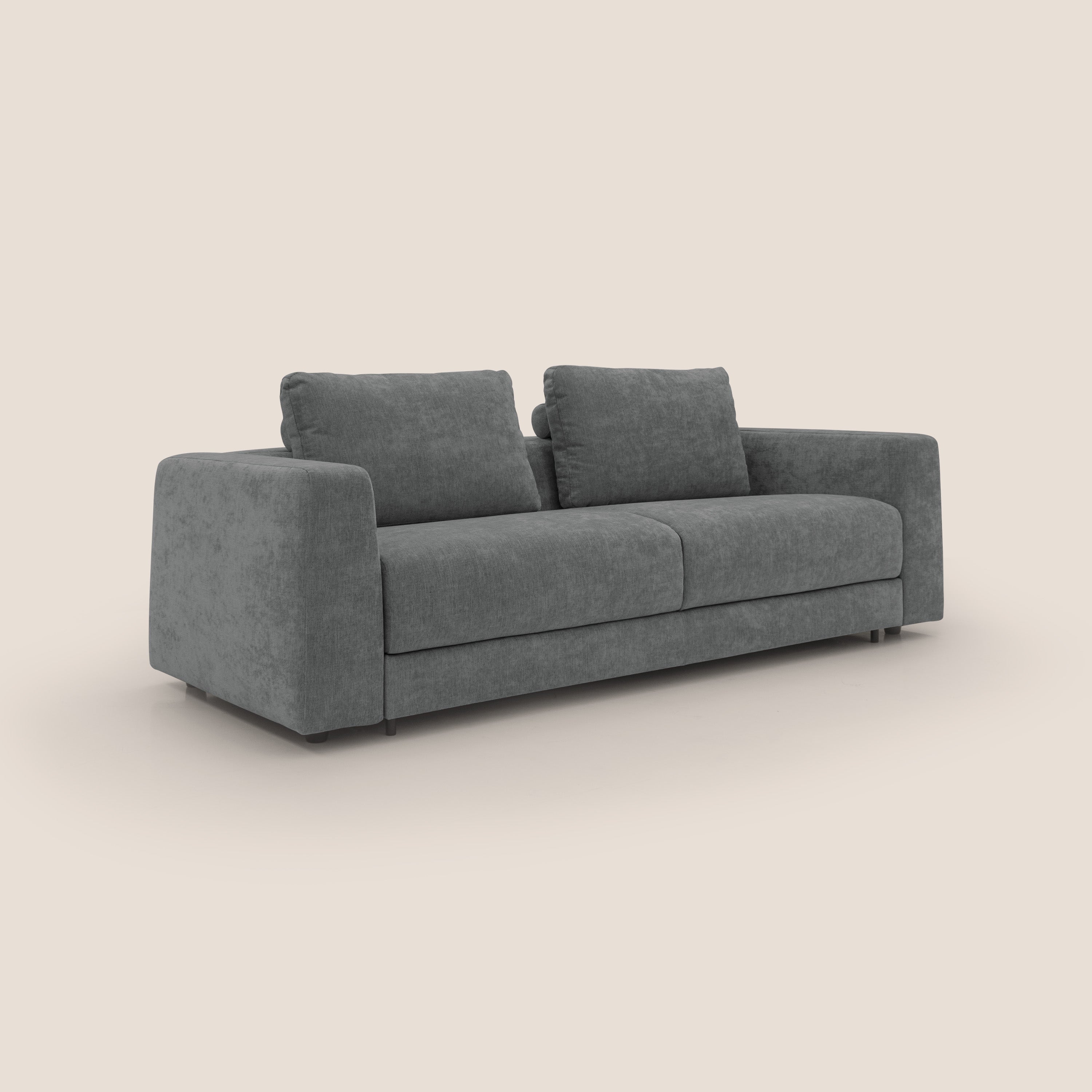 Freia Divano letto minimal materasso h15 cm con morbidi schienali in tessuto impermeabile T14 grigio - divani.store