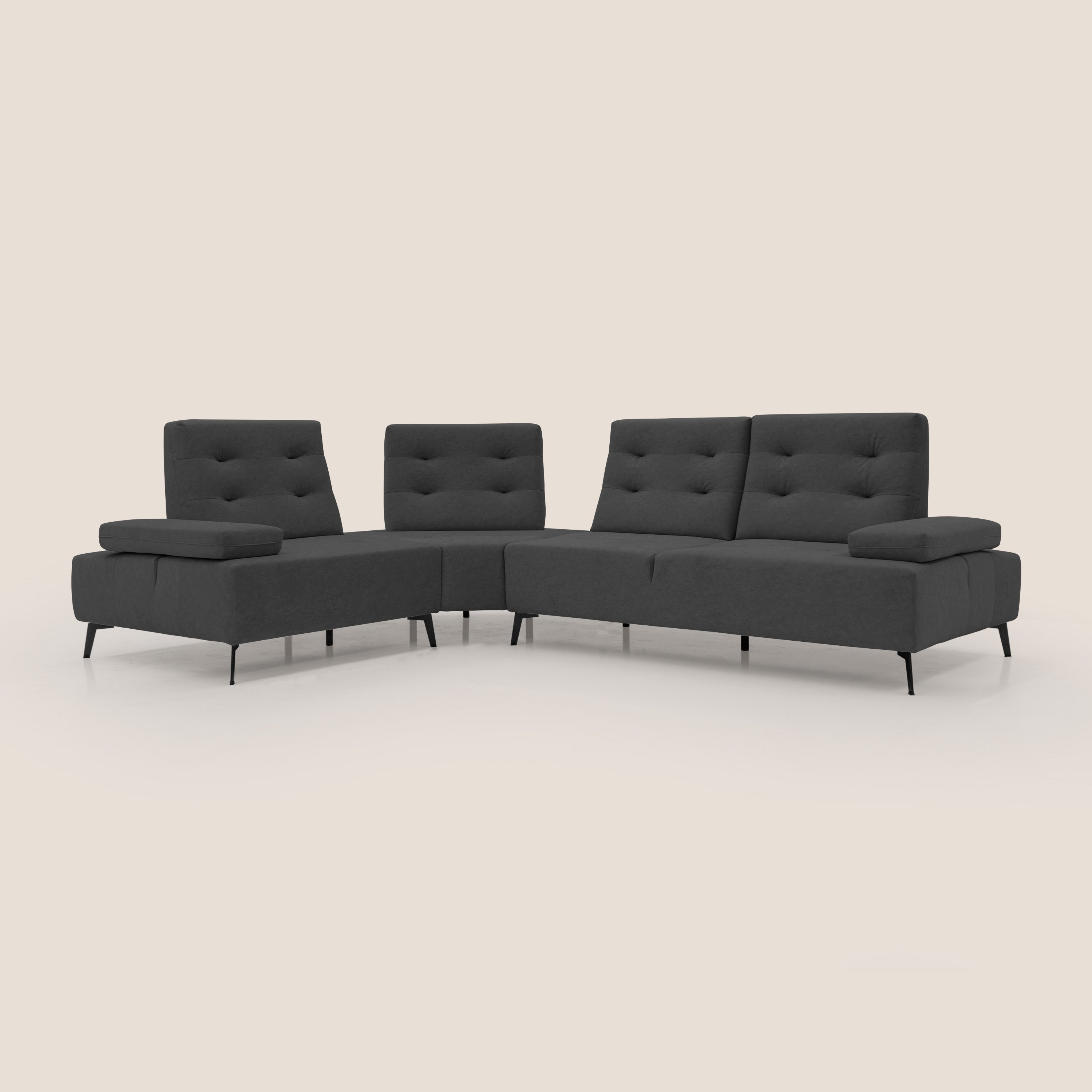 Lugano Divano angolare con schienali traslanti in microfibra effetto velluto T09 antracite - divani.store