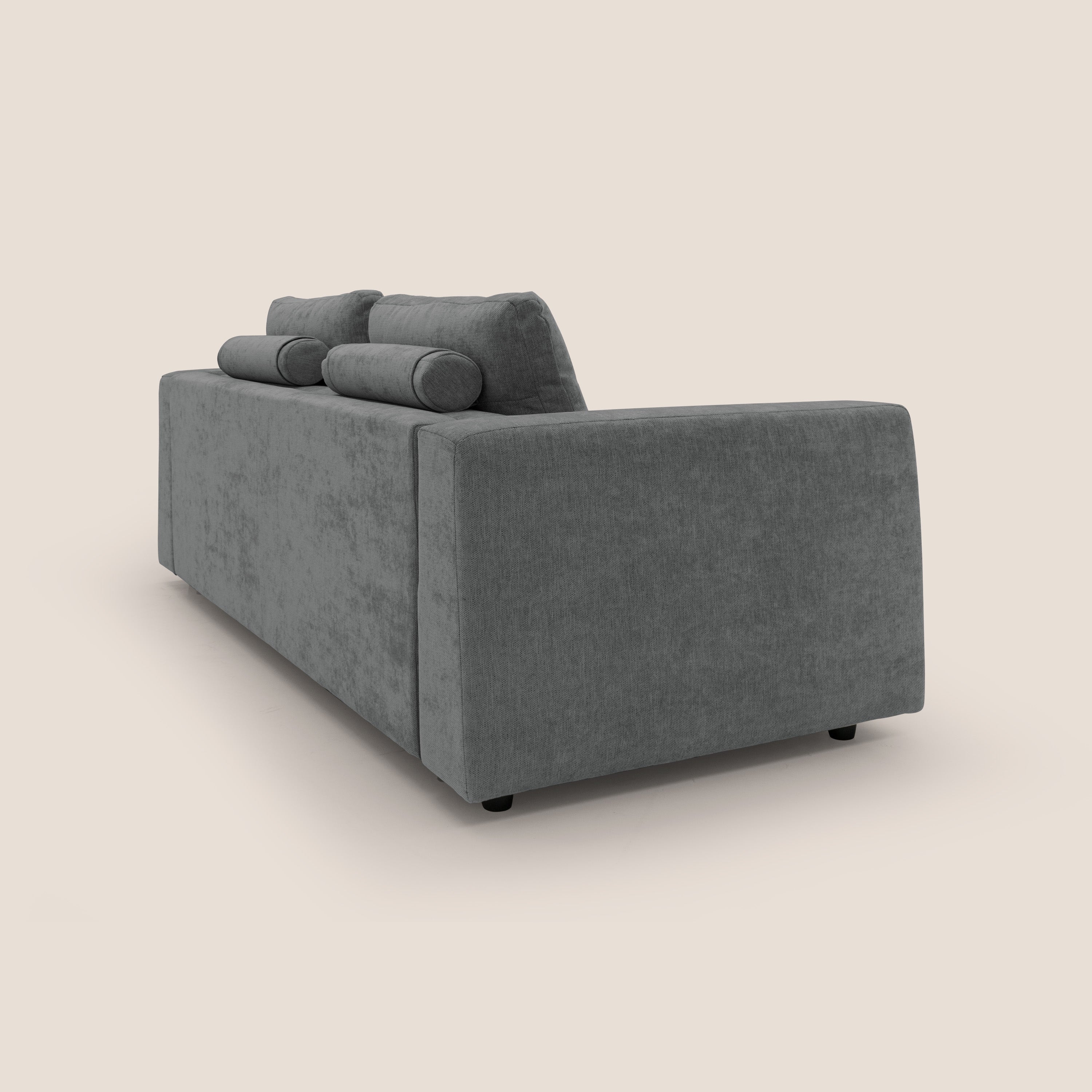 Freia Divano letto minimal materasso h15 cm con morbidi schienali in tessuto impermeabile T14 grigio - divani.store