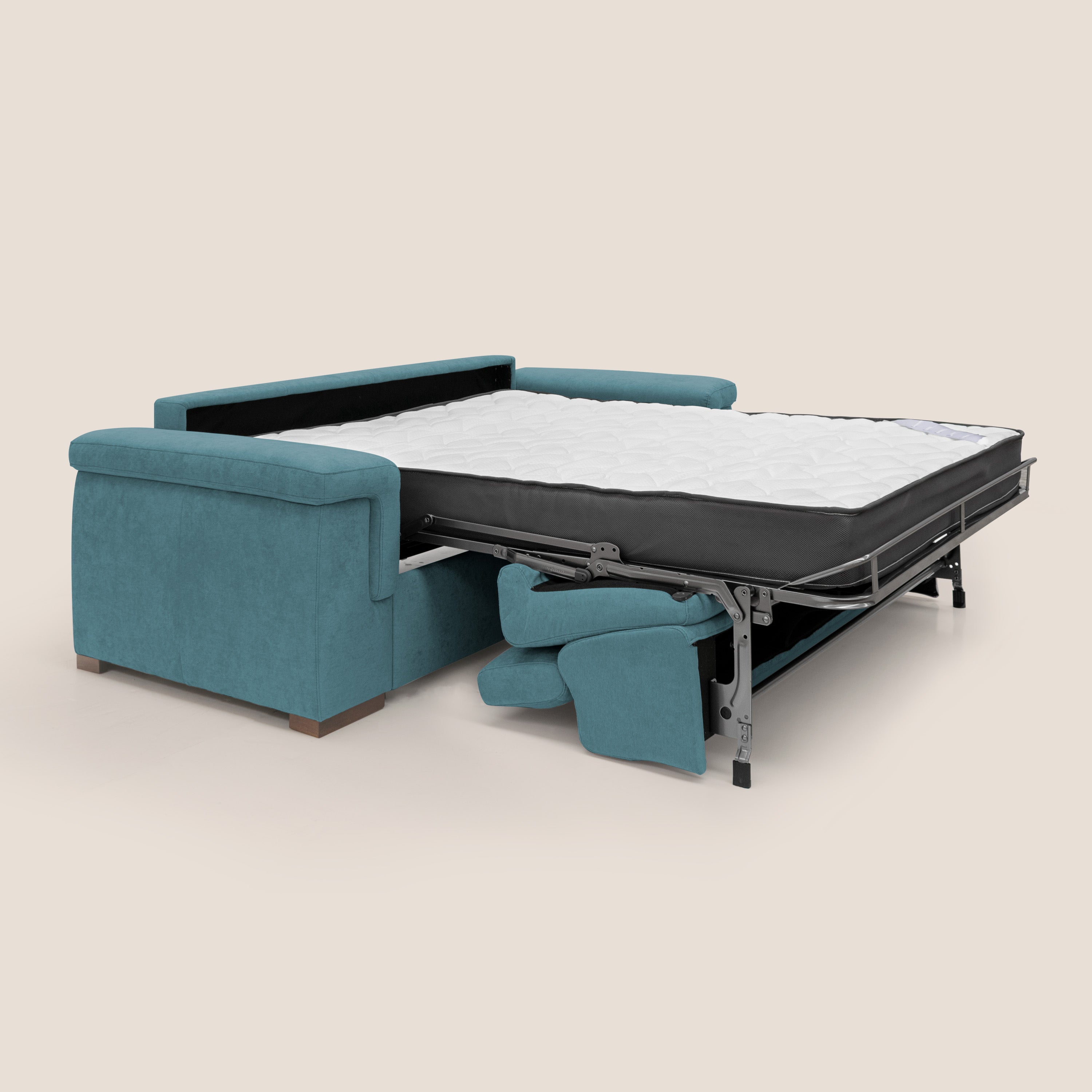 Giunone divano letto con materasso alto 18 cm e poggiatesta reclinabili in tessuto impermeabile T02 azzurro - divani.store
