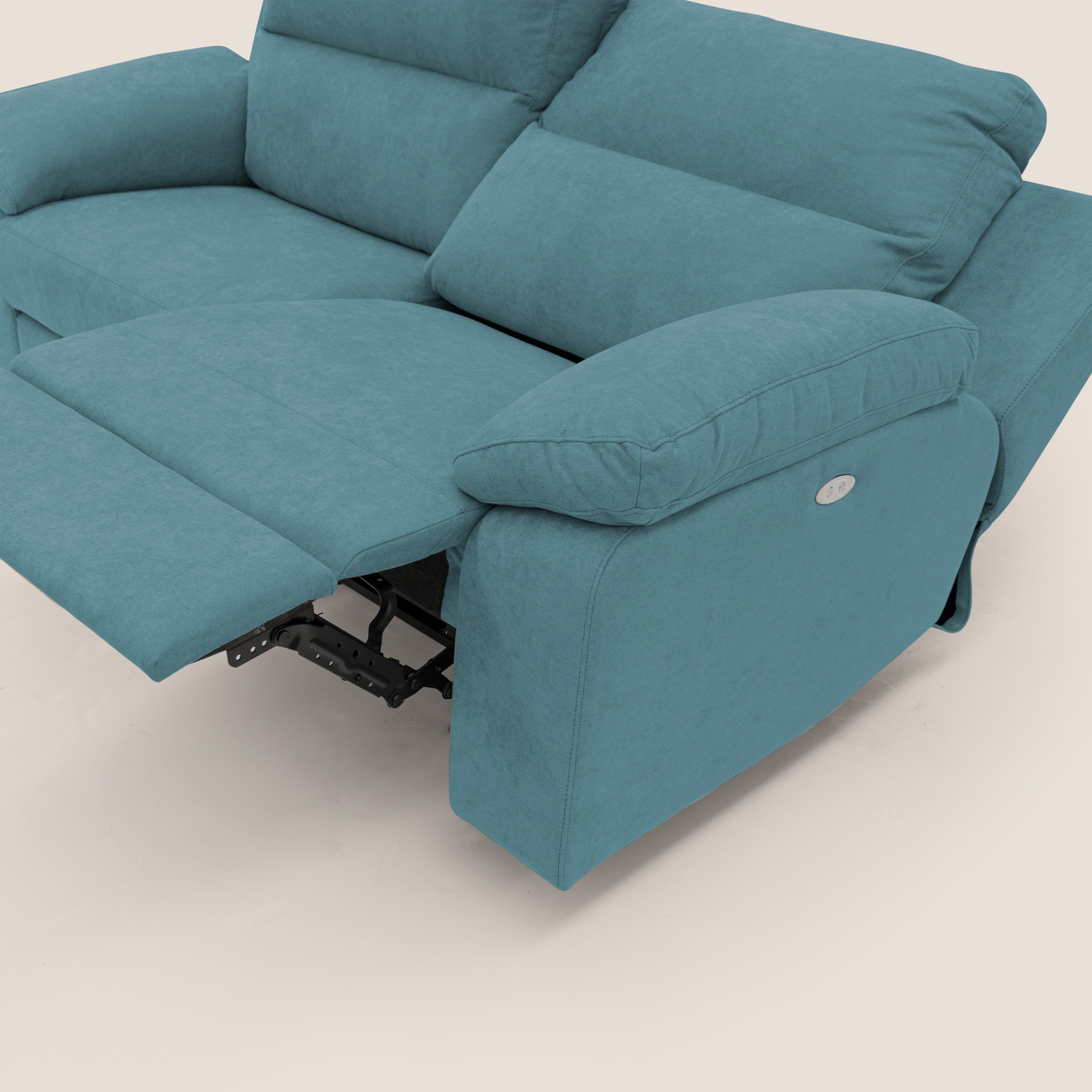 Romeo Divano relax con recliner elettrico in morbido tessuto impermeabile T02 azzurro - divani.store