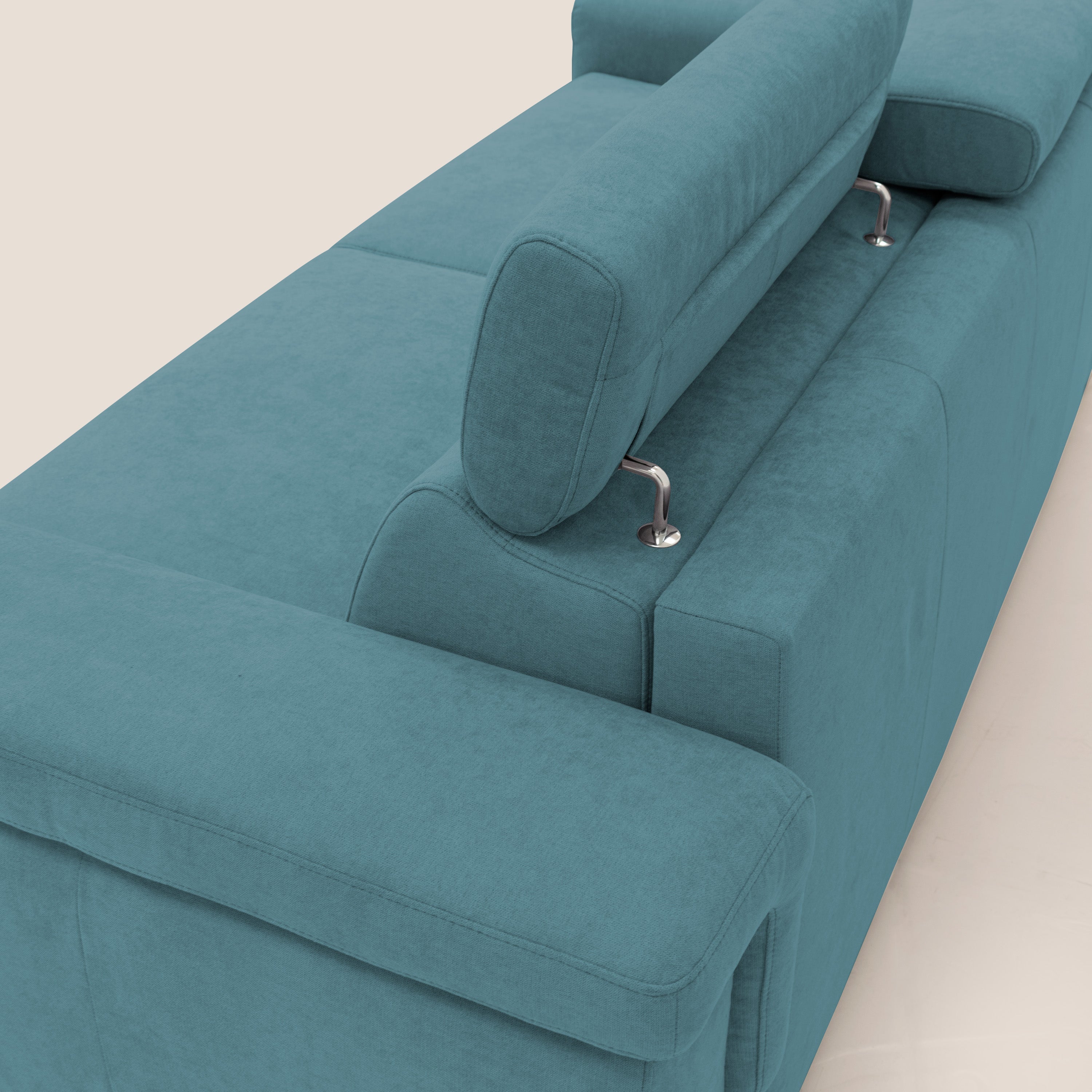 Giunone divano letto con materasso alto 18 cm e poggiatesta reclinabili in tessuto impermeabile T02 azzurro - divani.store