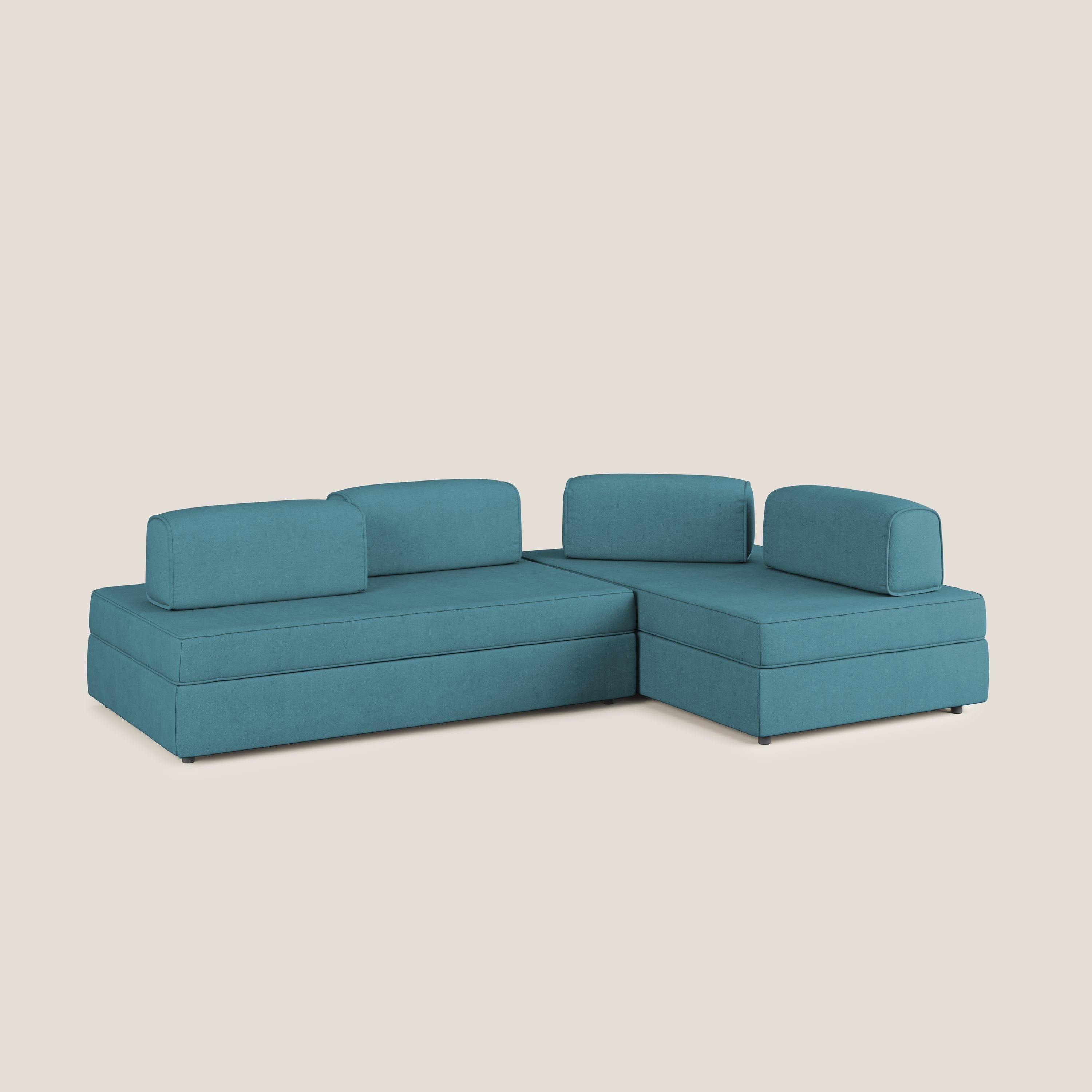 Liberty divano angolare con pouf estraibile e schienali movibili in tessuto morbido impermeabile T02 azzurro - divani.store