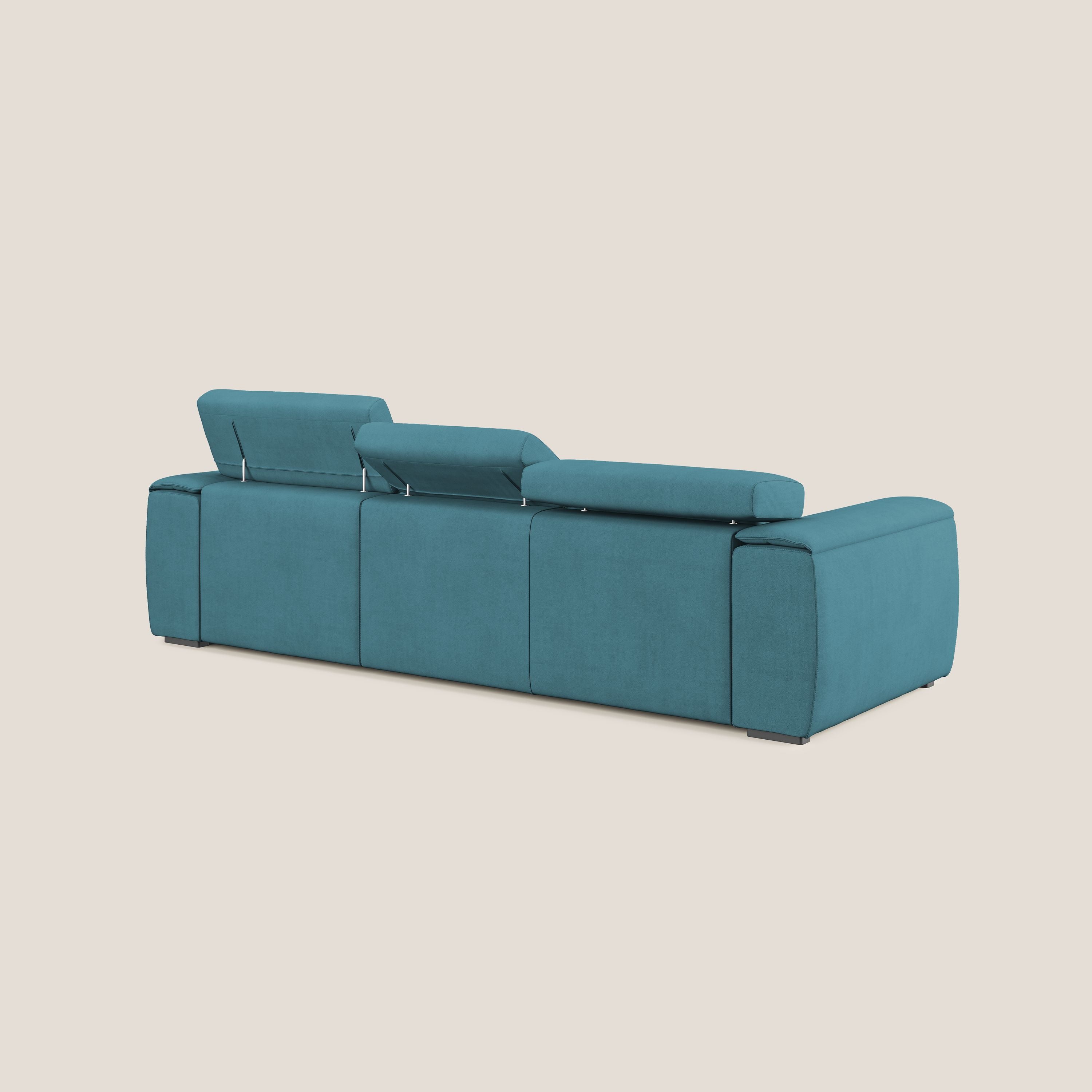Zeno Divano con pouf estraibile poggiapiedi a 3 sedute in tessuto morbido impermeabile T02 azzurro - divani.store