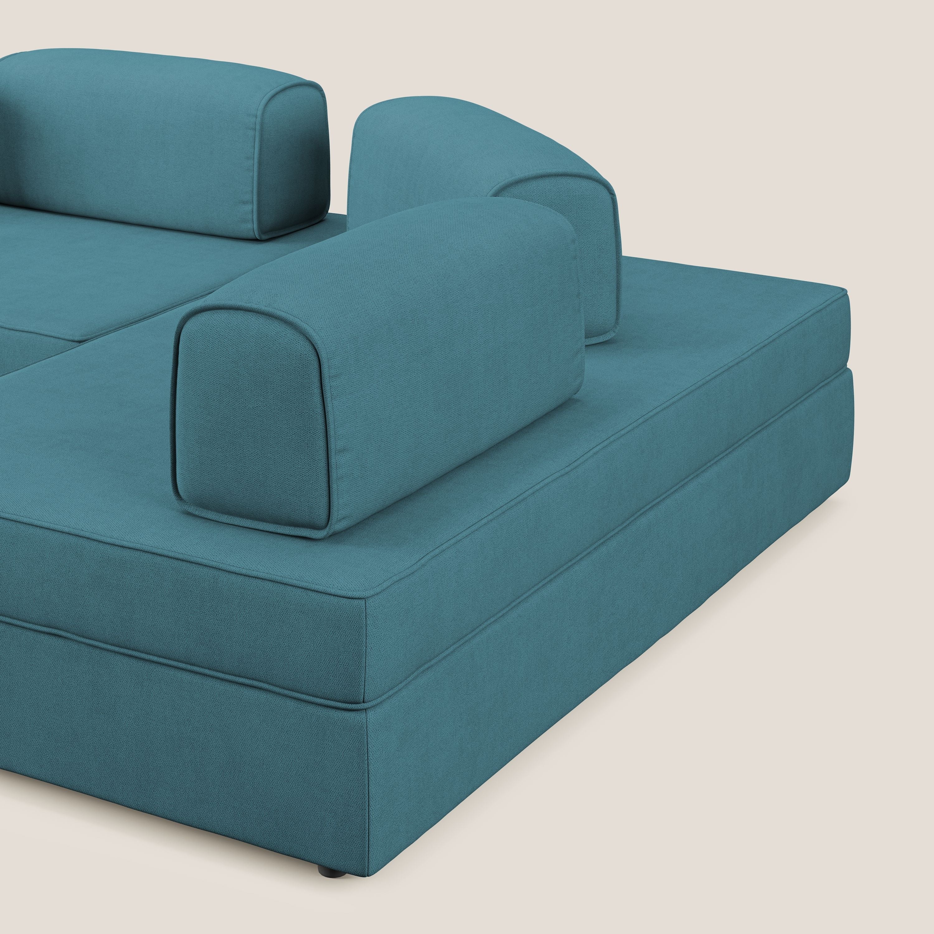 Liberty divano angolare con pouf estraibile e schienali movibili in tessuto morbido impermeabile T02 azzurro - divani.store