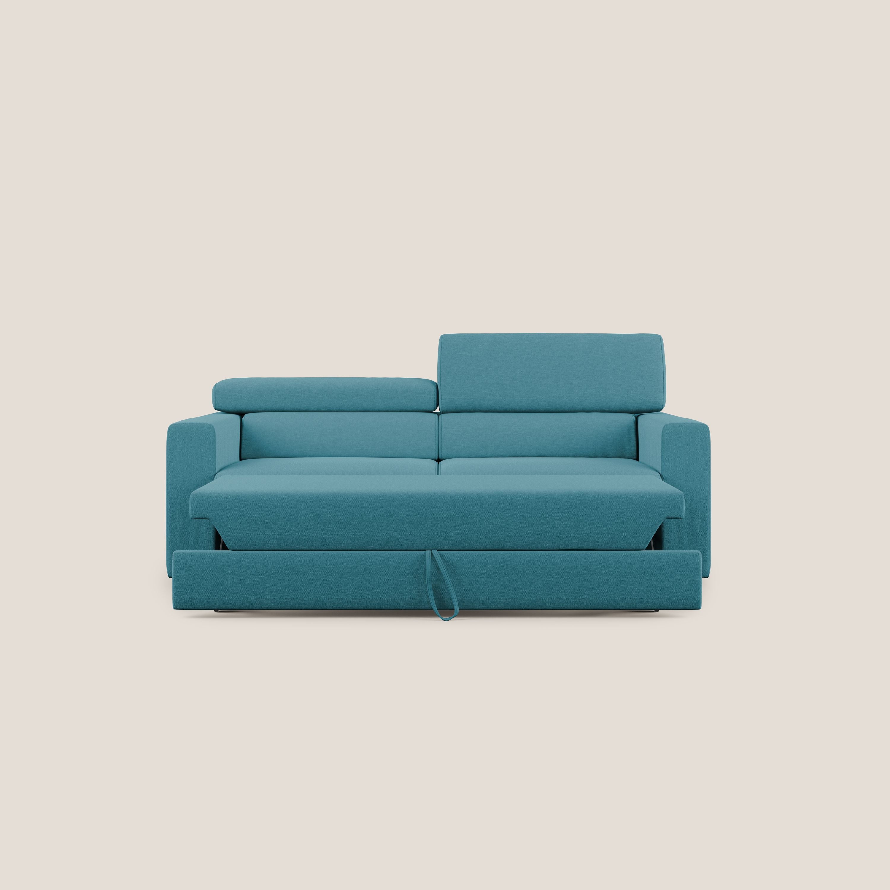 Dylan divano allungabile con pouf estraibile poggiapiedi in tessuto simil cotone impermeabile T13 azzurro - divani.store