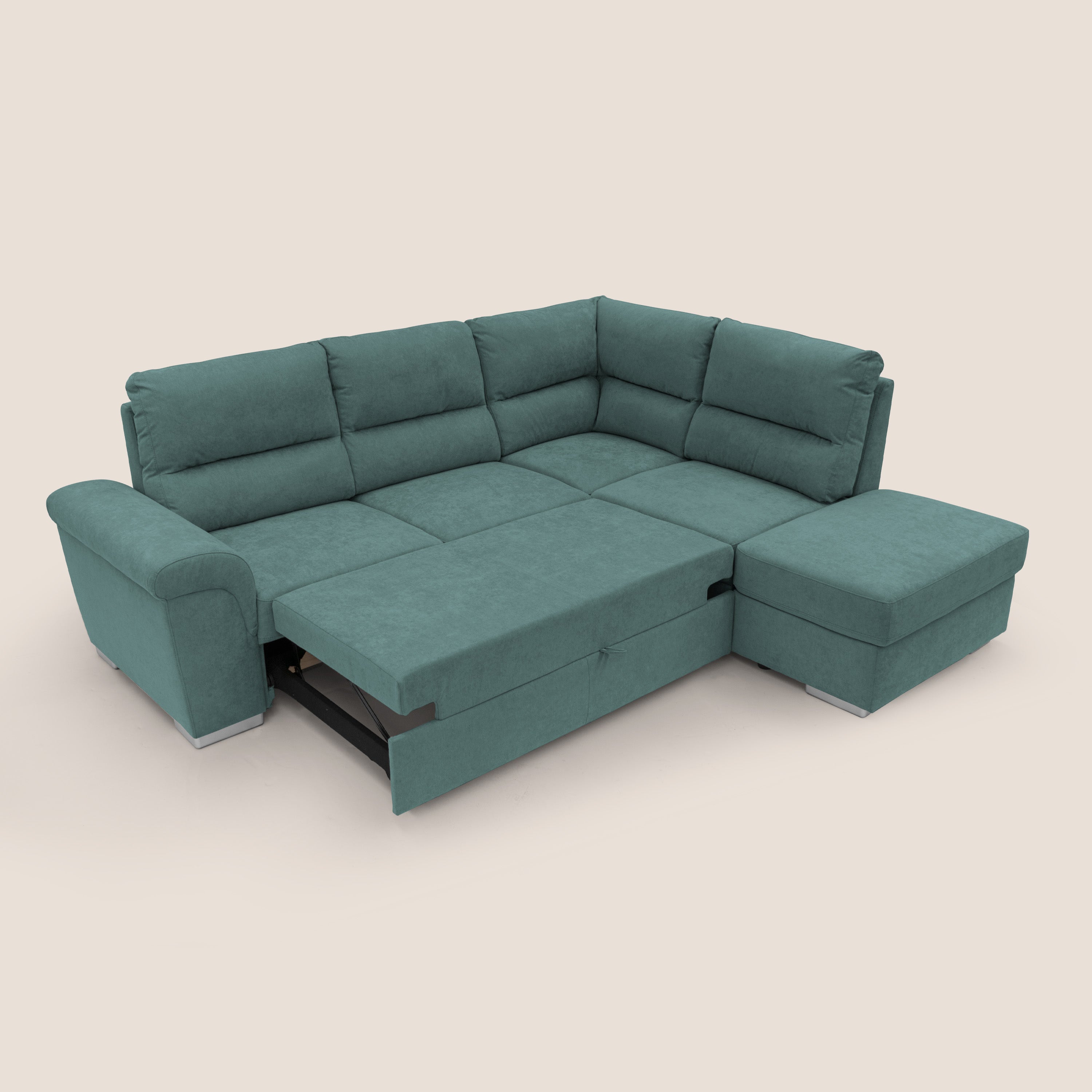 Minerva divano angolare con estraibile a cassettone e pouf contenitore in tessuto morbido impermeabile T02 petrolio - divani.store