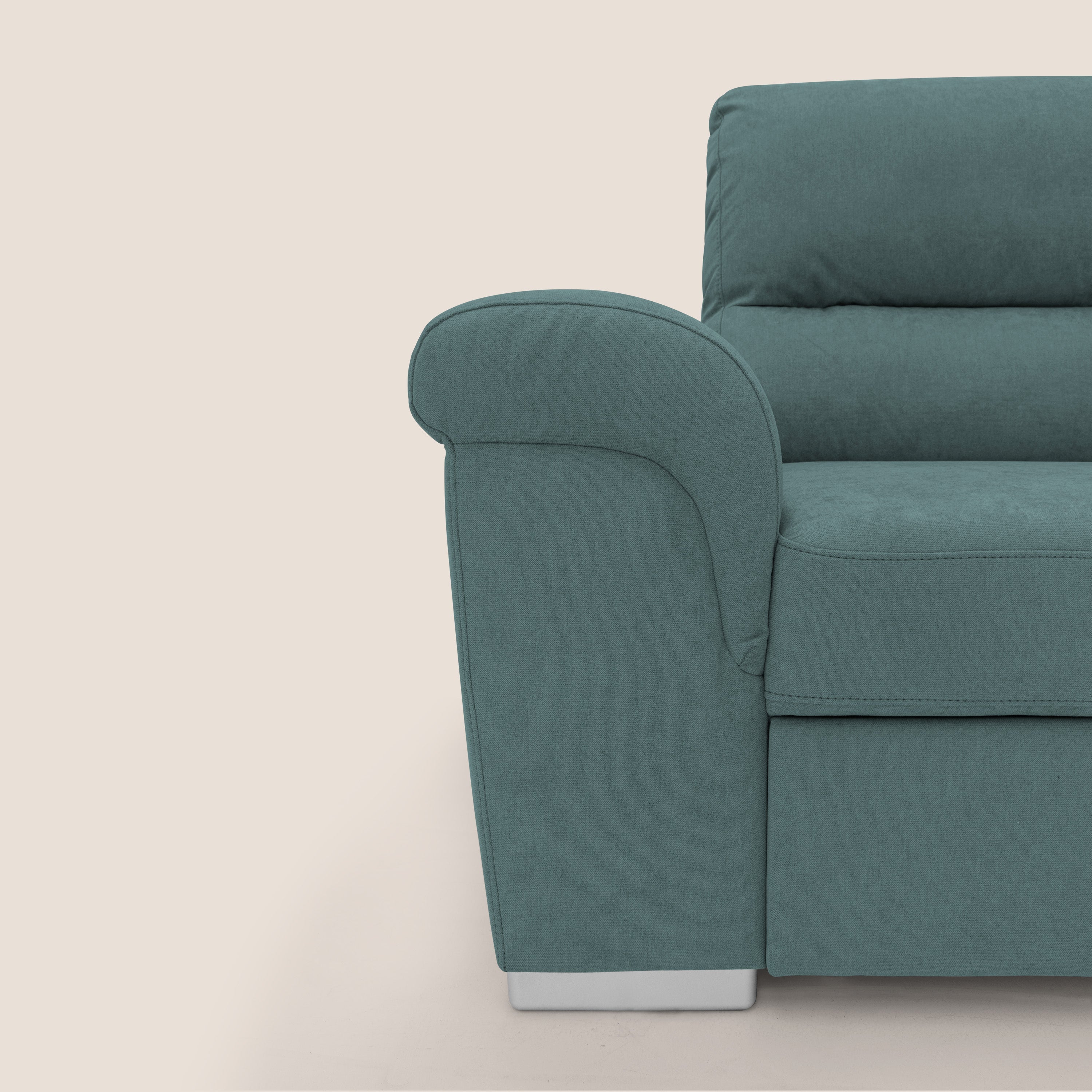 Minerva divano angolare con estraibile a cassettone e pouf contenitore in tessuto morbido impermeabile T02 petrolio - divani.store