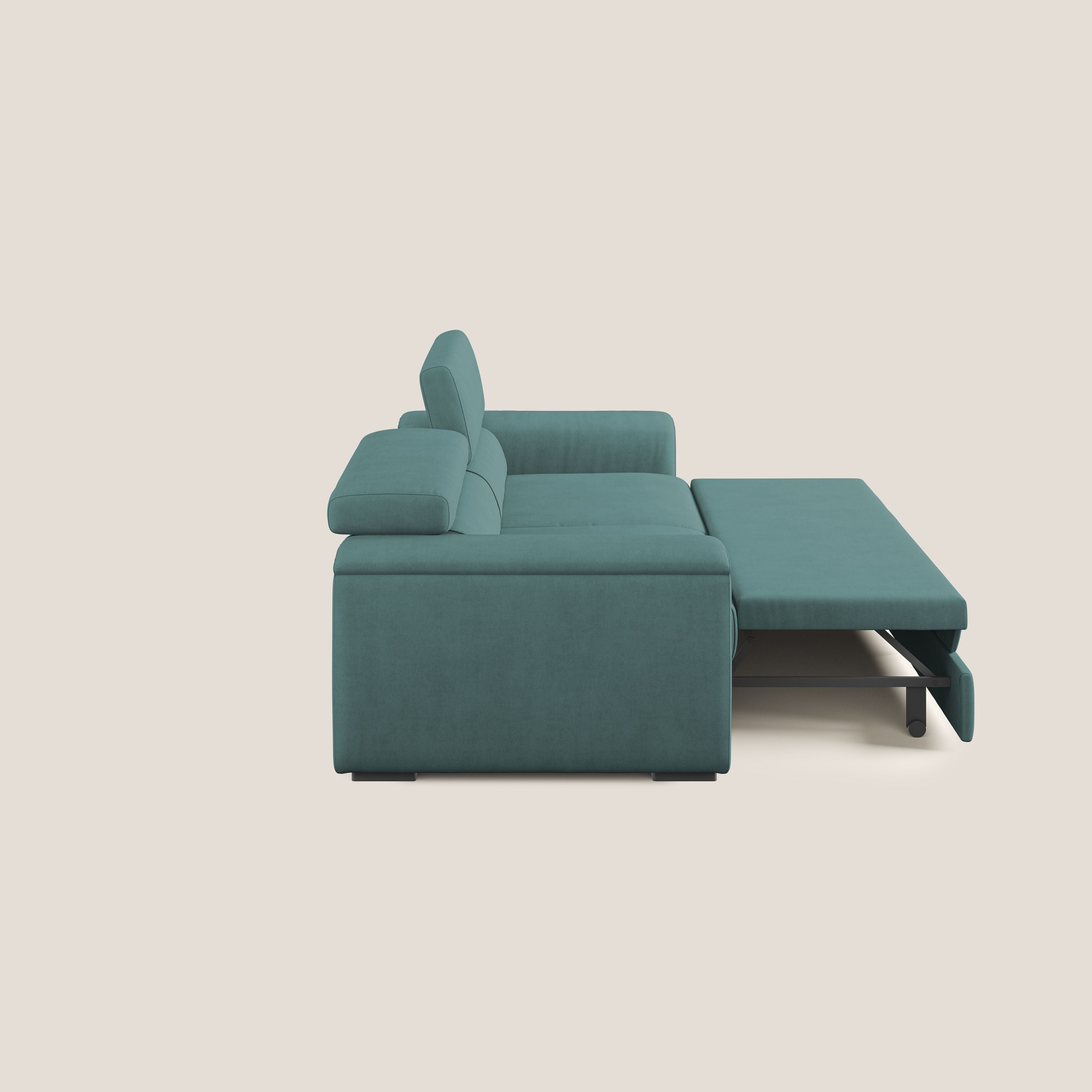 Zeno Divano con pouf estraibile poggiapiedi in tessuto morbido impermeabile T02 petrolio - divani.store