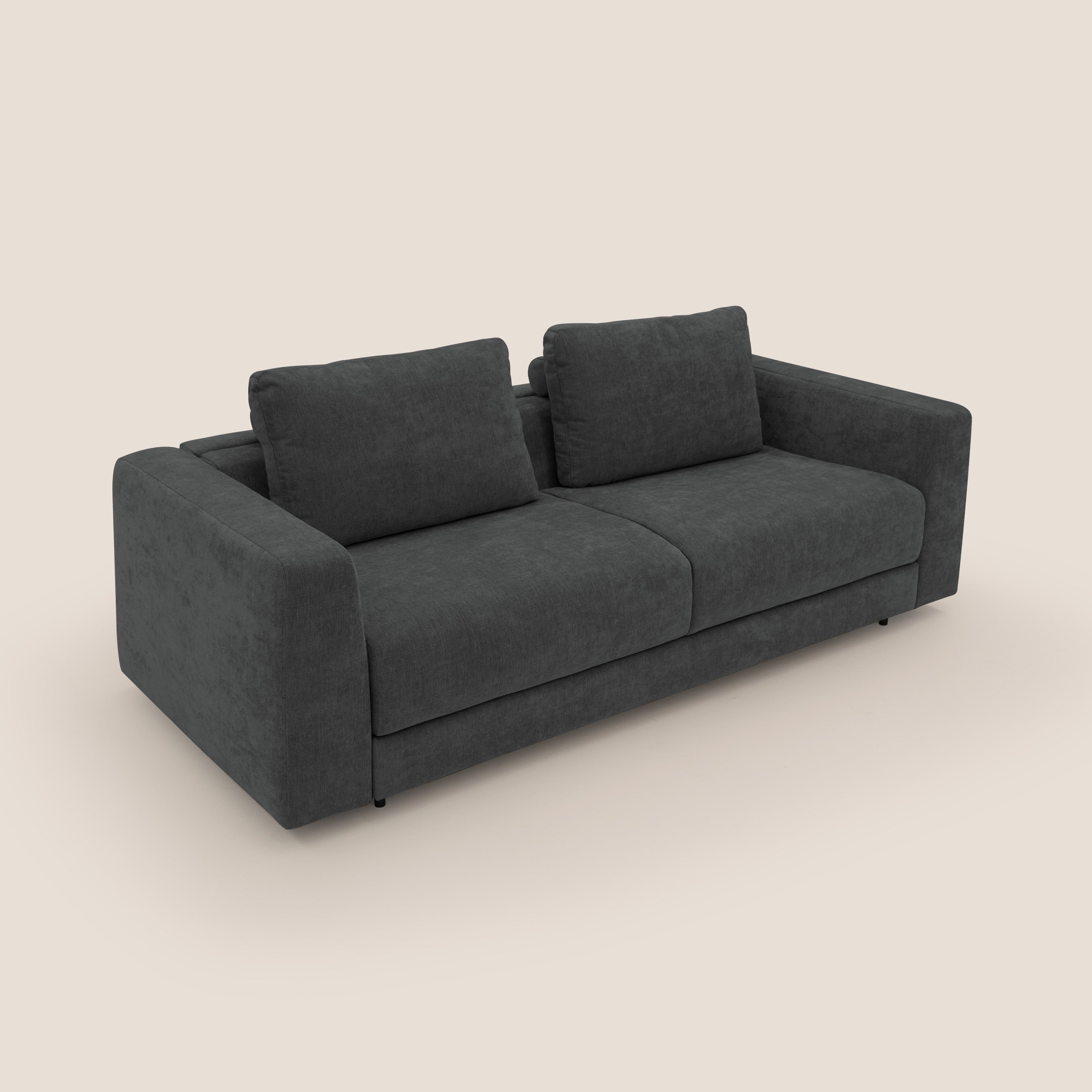 Freia Divano letto minimal materasso h15 cm con morbidi schienali in tessuto impermeabile T14 antracite - divani.store