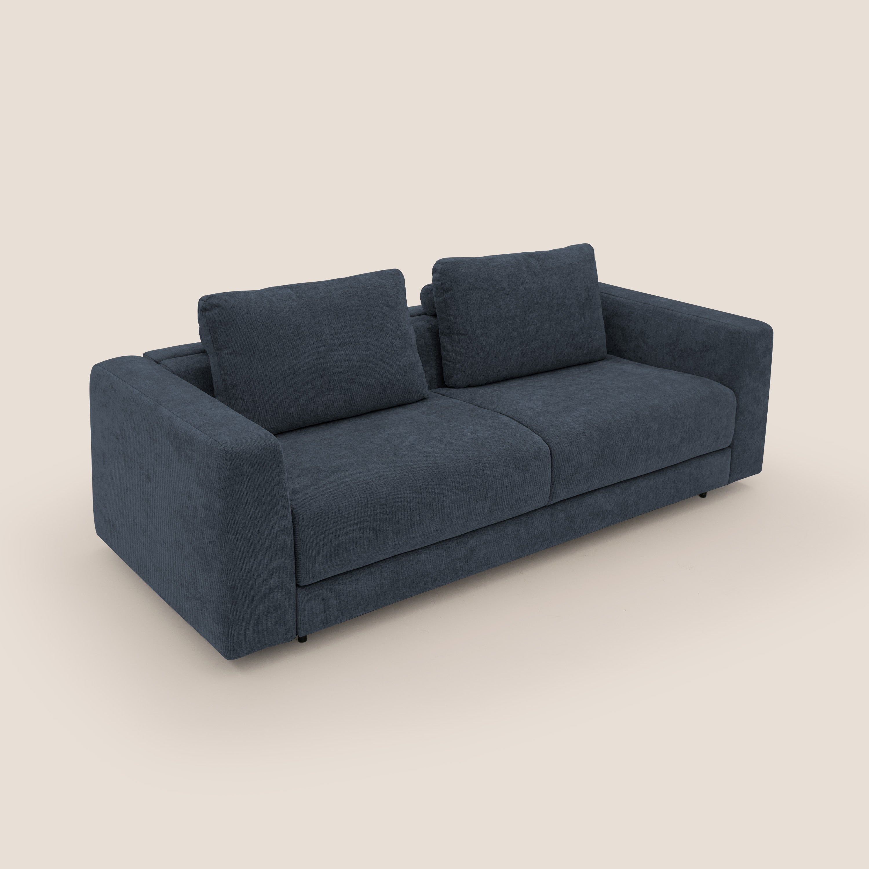 Freia Divano letto minimal materasso h15 cm con morbidi schienali in tessuto impermeabile T14 blu - divani.store