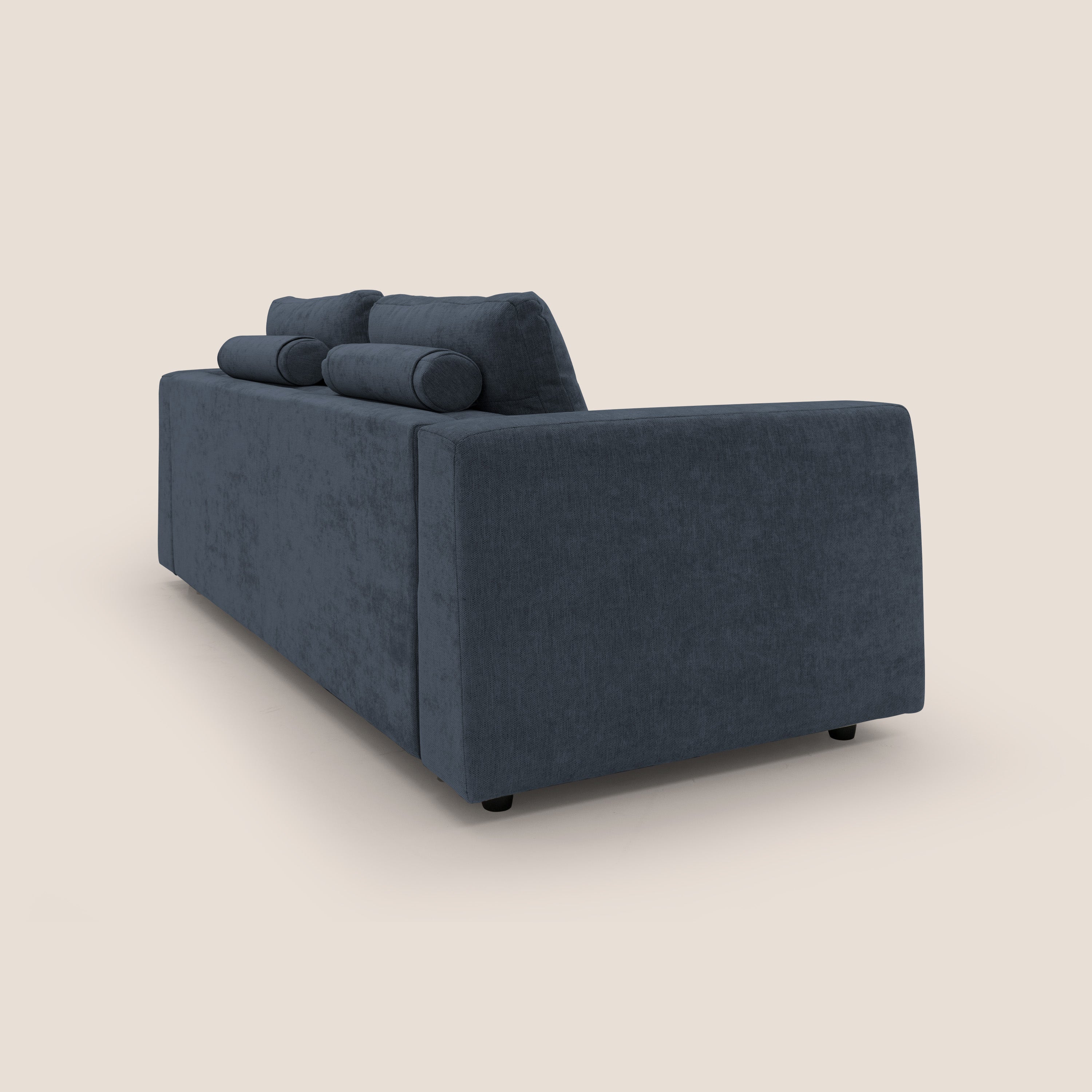 Freia Divano letto minimal materasso h15 cm con morbidi schienali in tessuto impermeabile T14 blu - divani.store