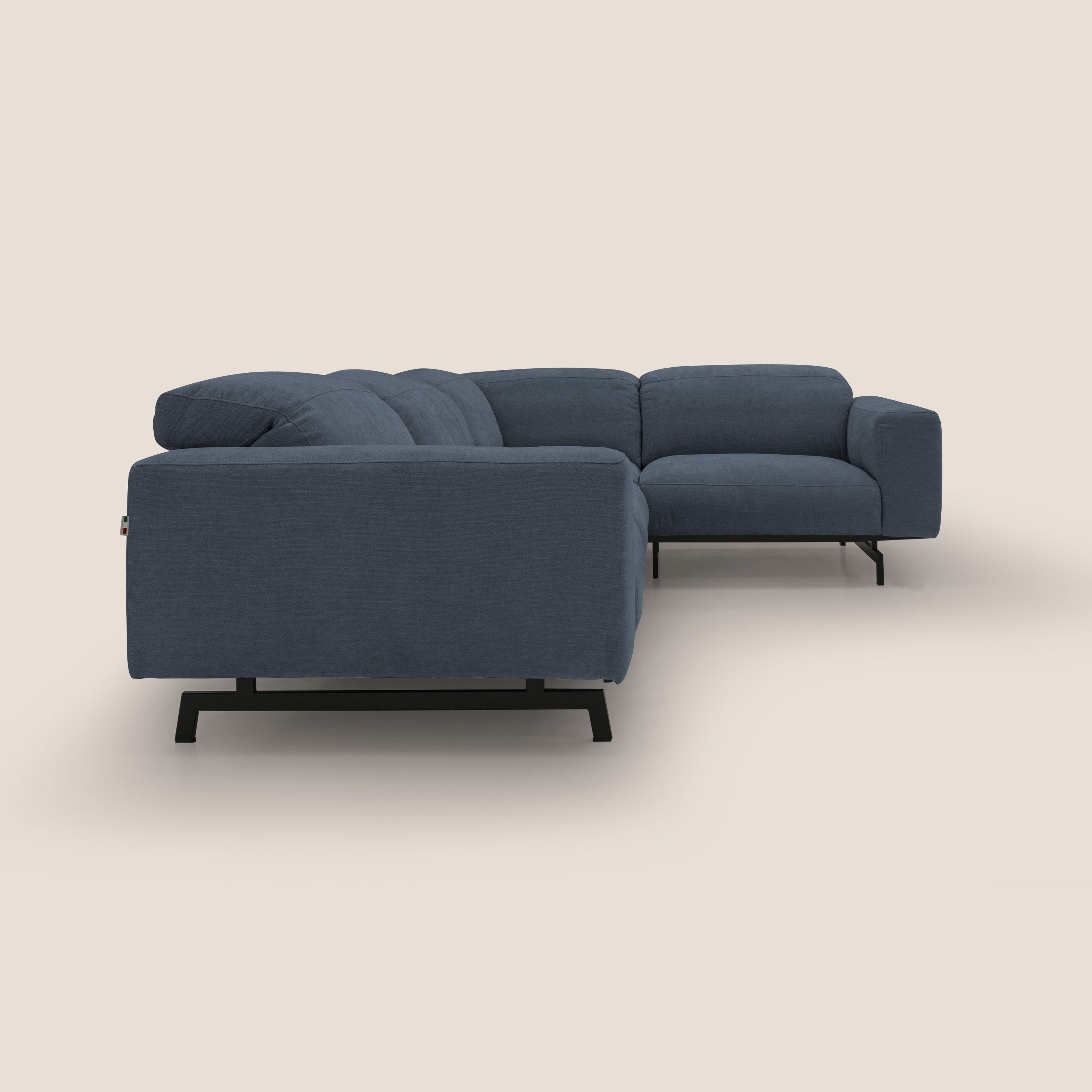 Sakura divano in piuma d'oca angolare REVERSIBILE in morbido tessuto fiammato impermeabile T14 blu - divani.store