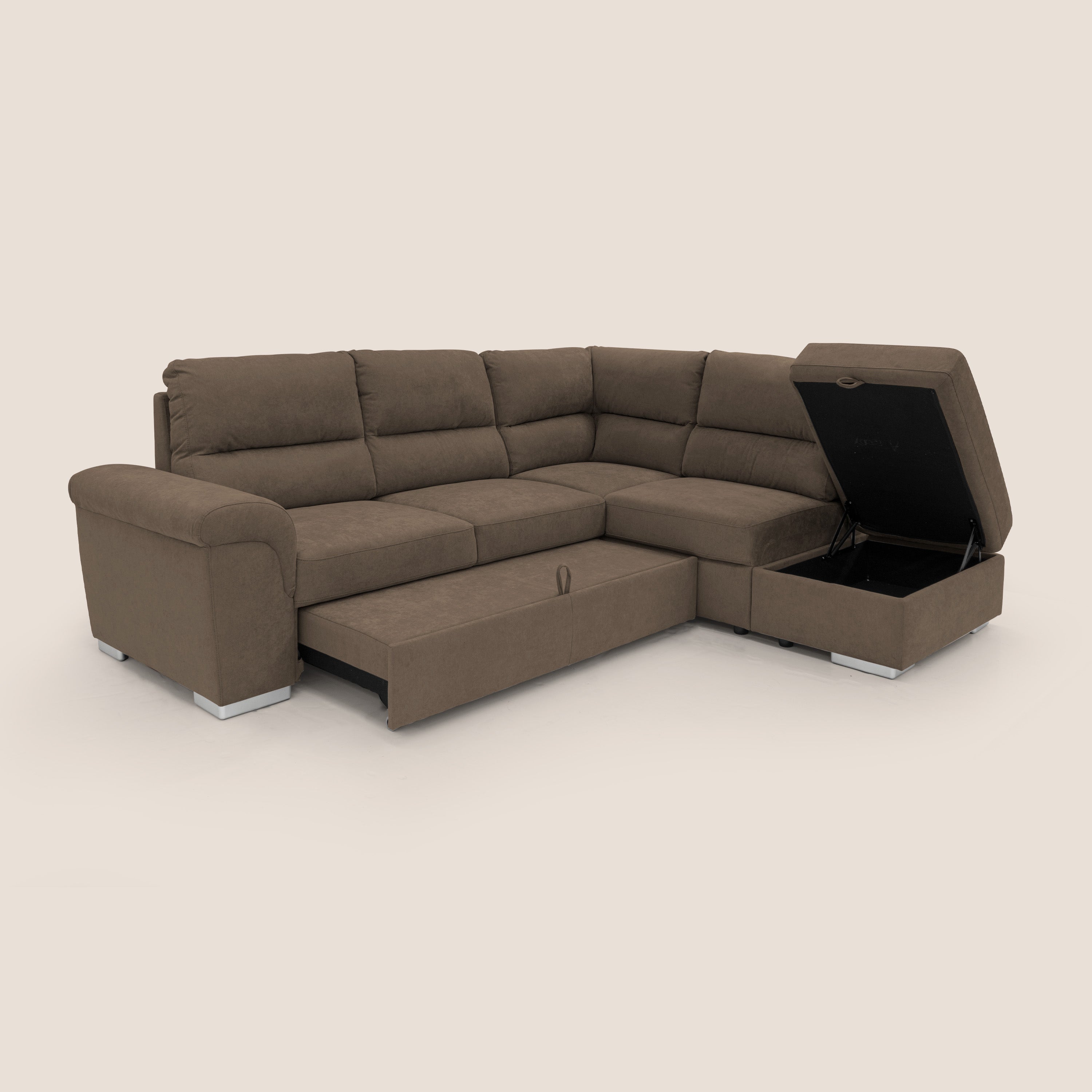 Minerva divano angolare con estraibile a cassettone e pouf contenitore in tessuto morbido impermeabile T02 marrone - divani.store