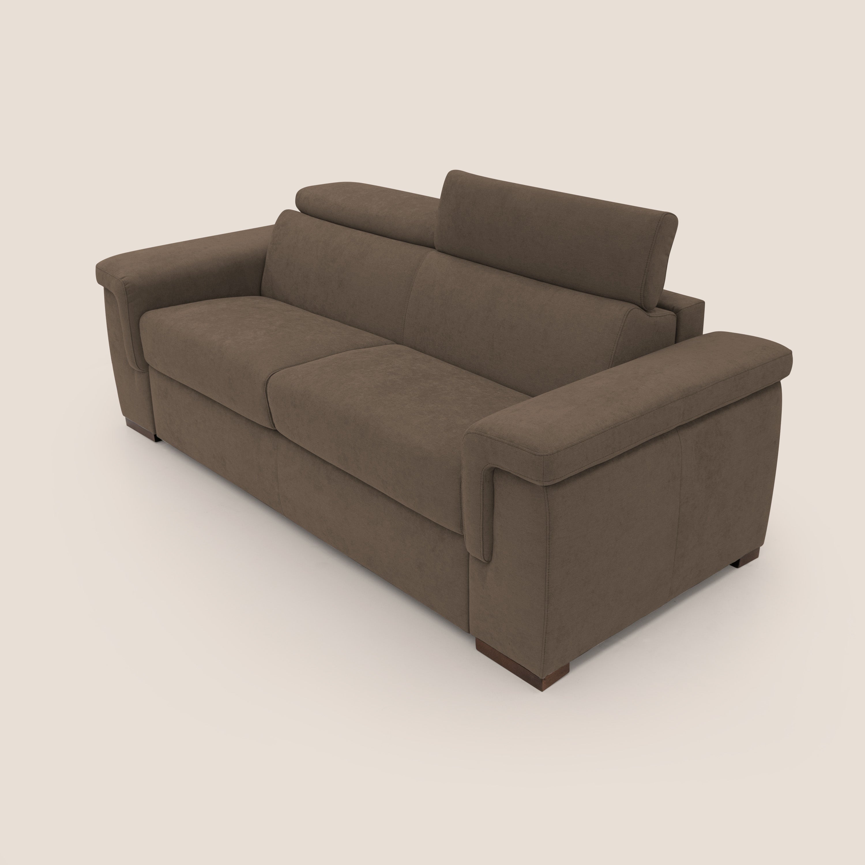 Giunone divano letto con materasso alto 18 cm e poggiatesta reclinabili in tessuto impermeabile T02 marrone - divani.store
