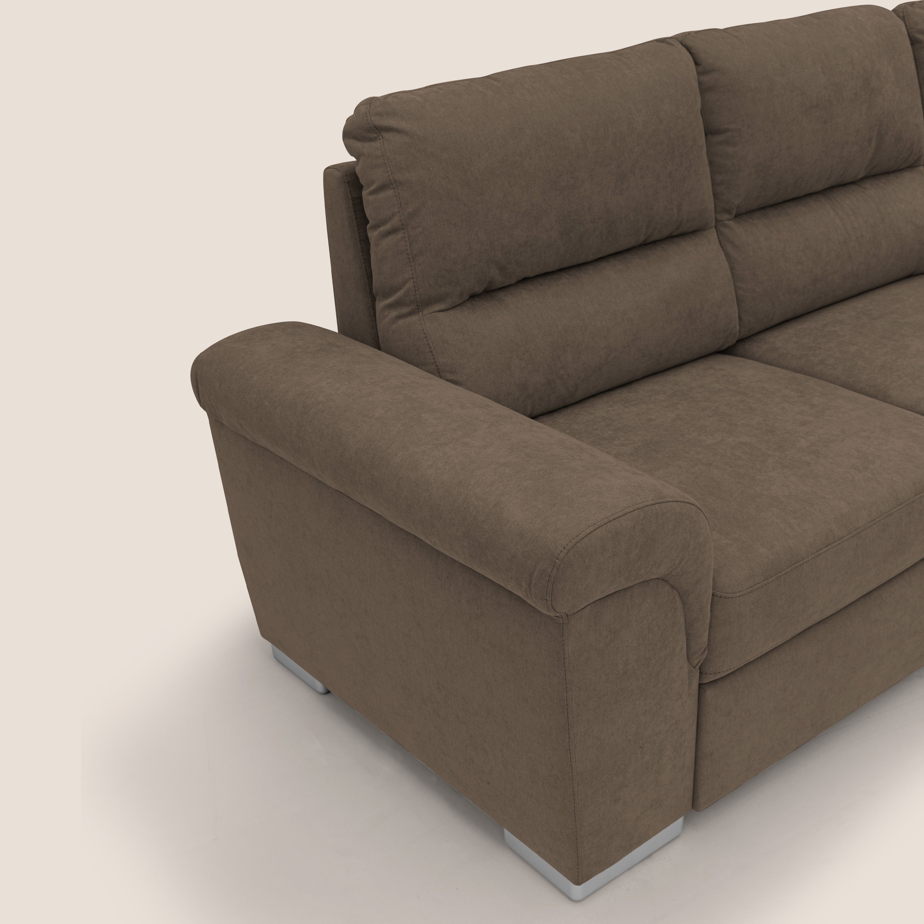 Minerva divano angolare con estraibile a cassettone e pouf contenitore in tessuto morbido impermeabile T02 marrone - divani.store