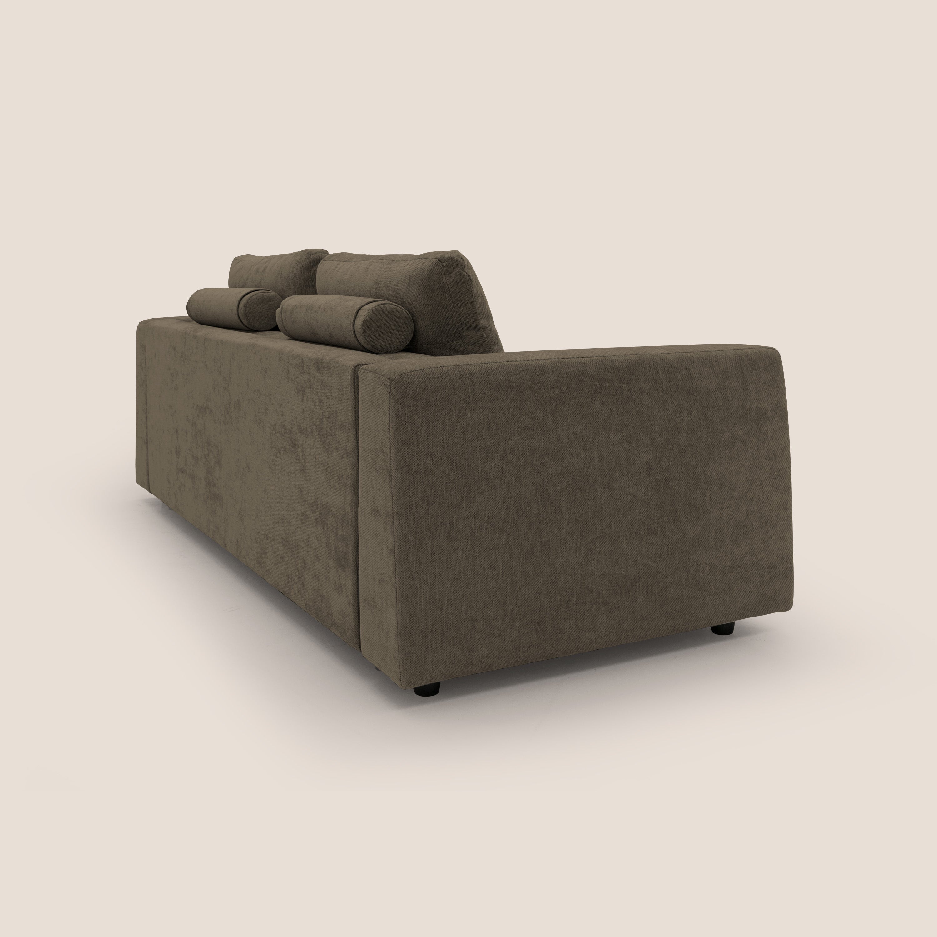 Freia Divano letto minimal materasso h15 cm con morbidi schienali in tessuto impermeabile T14 marrone - divani.store