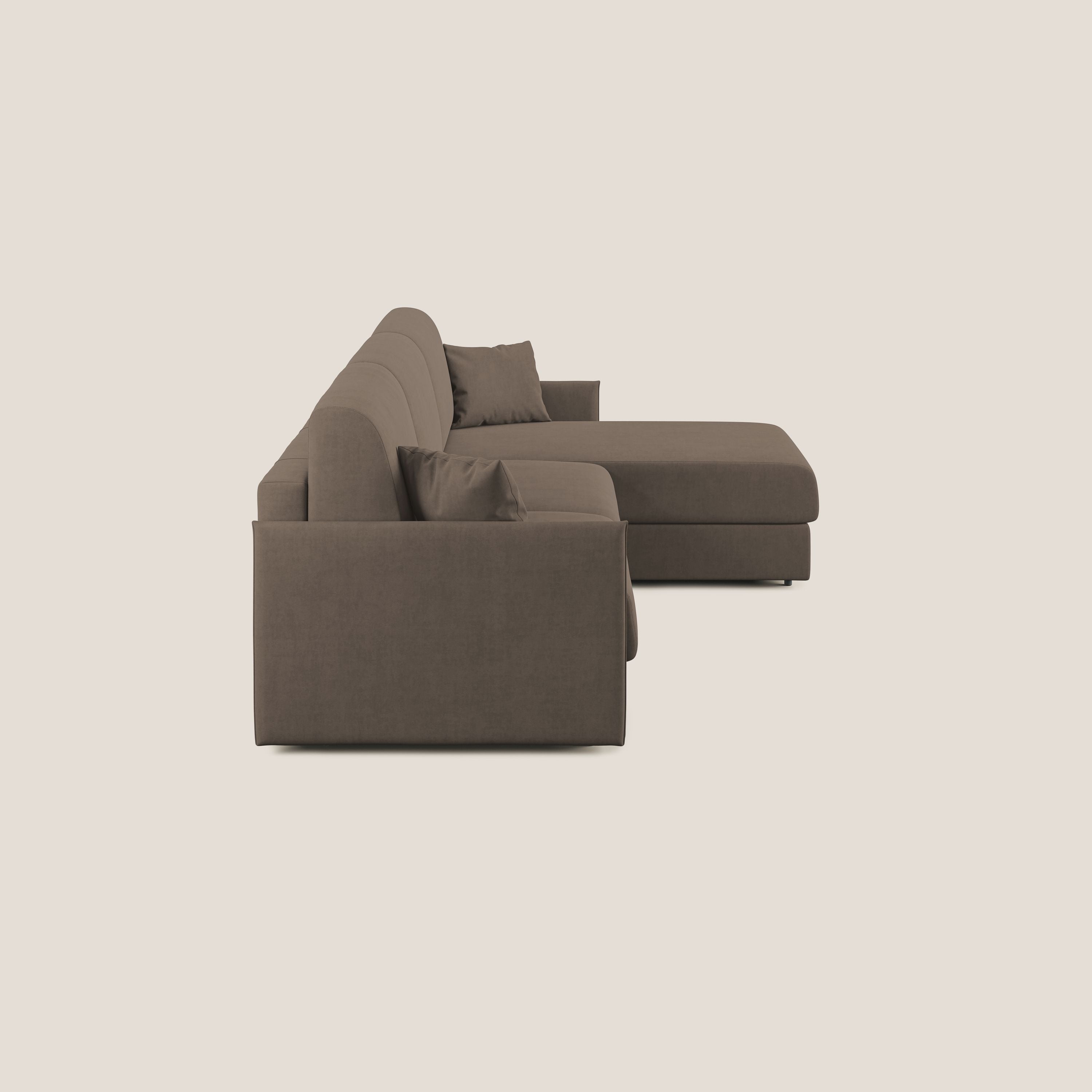 Evans Divano letto angolare con penisola in morbido tessuto impermeabile T02 marrone - divani.store