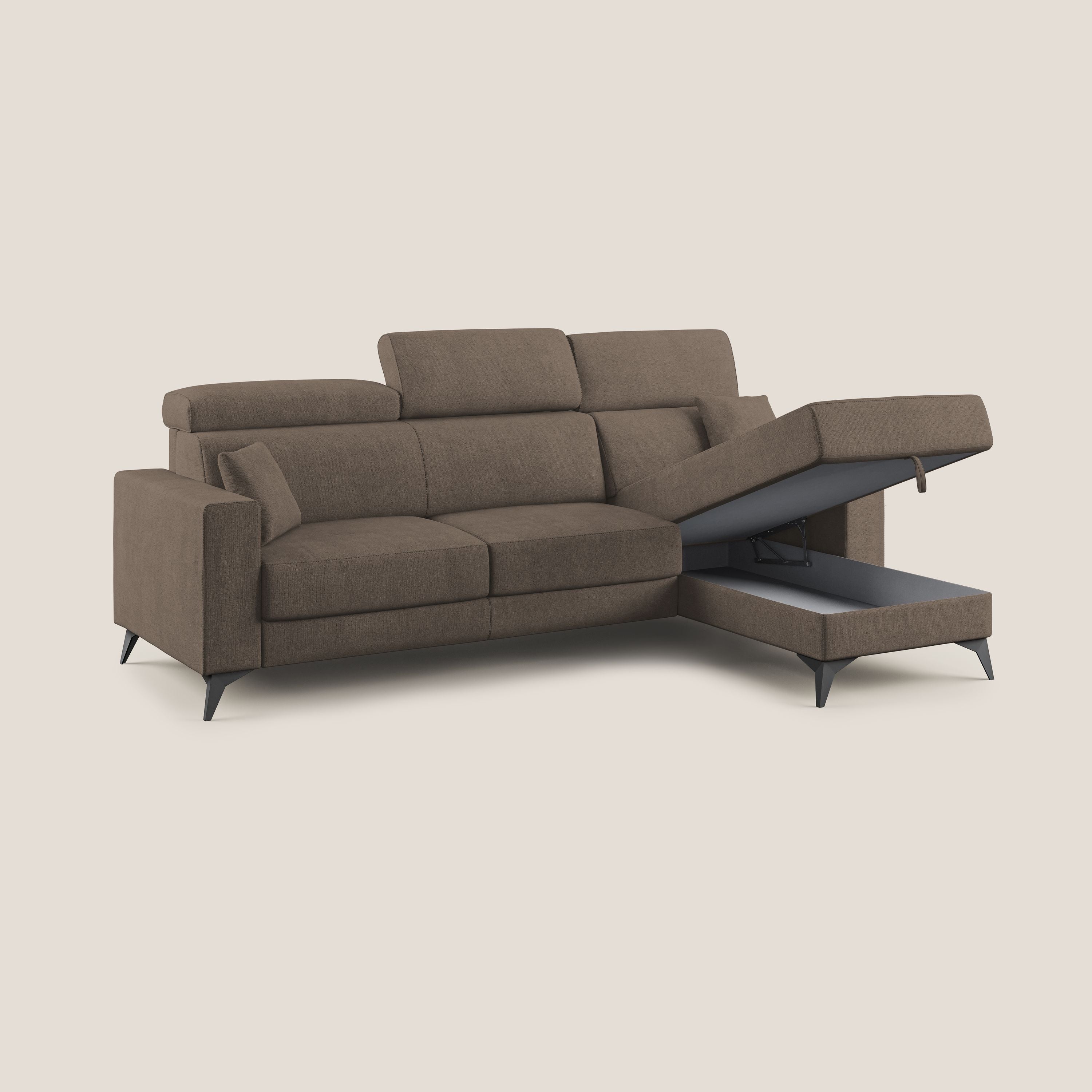 Pegaso divano letto angolare con poggiatesta reclinabili e rivestimento impermeabile T02 marrone - divani.store