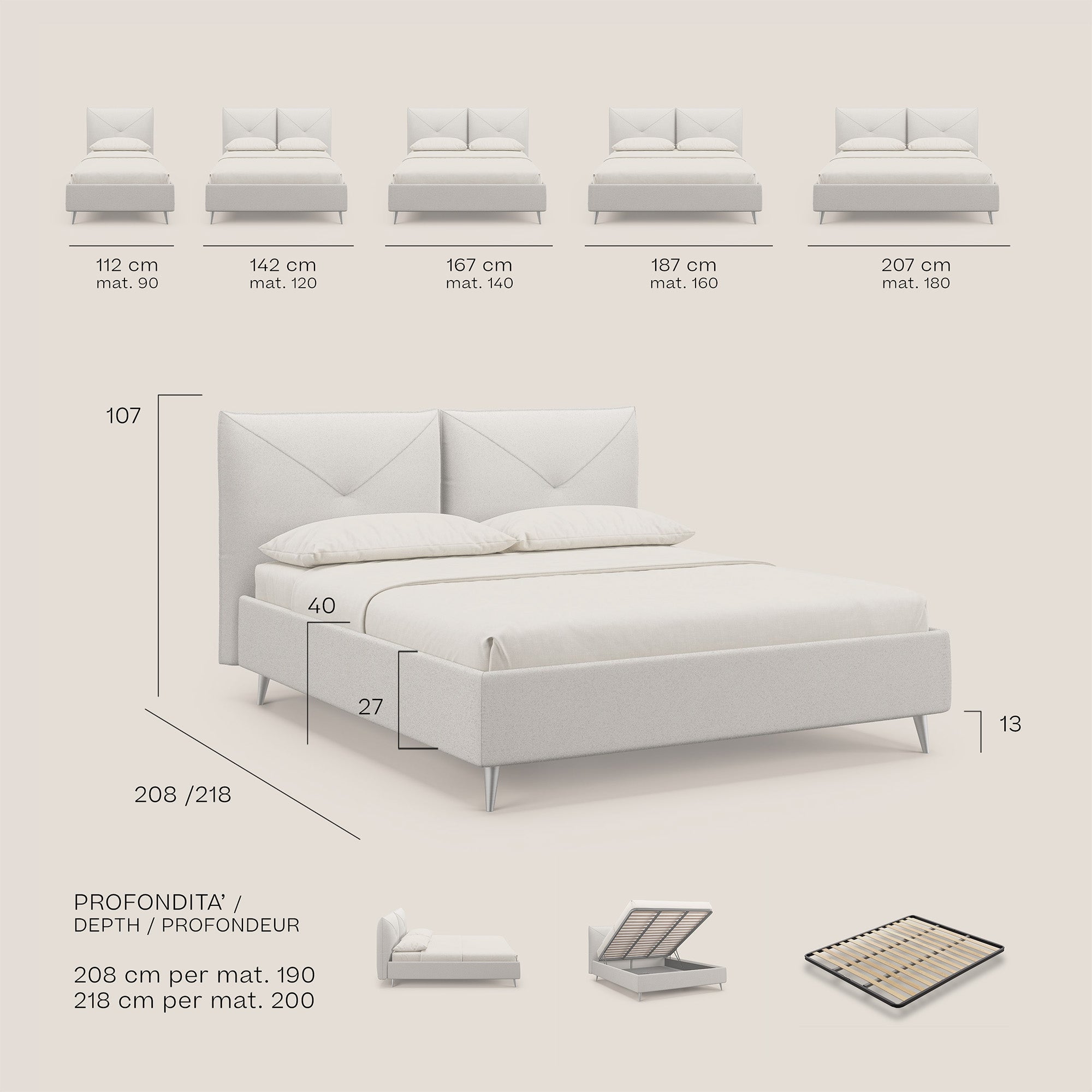 Adone gepolstertes Boxspringbett aus wasserfestem Bouclet mit doppeltem Kopfteilpaneel T07