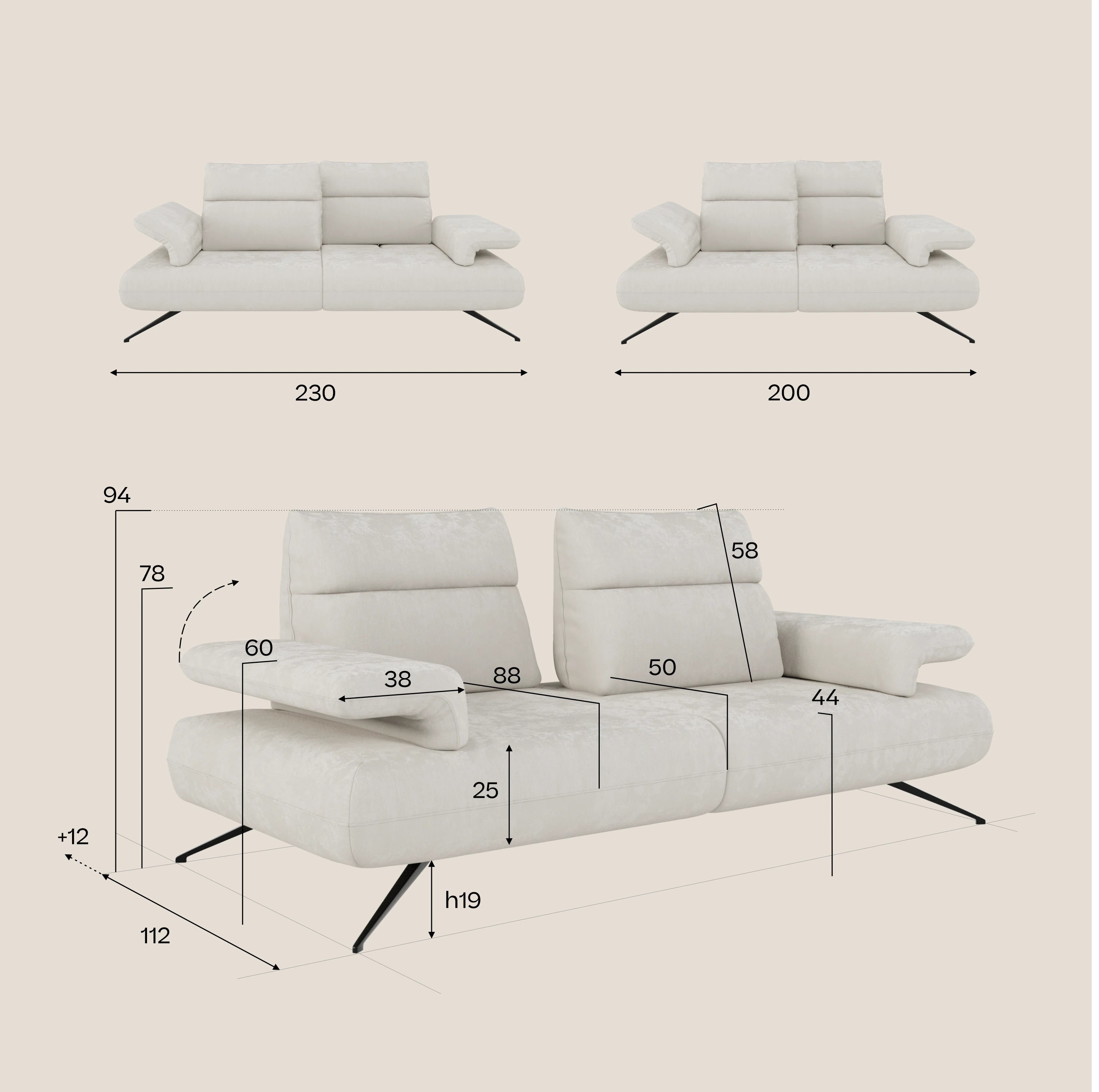 L'Aeris Divano 2 o 3 Posti di Divani.Store, di colore crema e moderno nella versione frontale e laterale, è disponibile nelle larghezze 230 cm o 200 cm con gambe angolari nere, poggiatesta e braccioli regolabili, in morbido tessuto T27 facile da pulire.