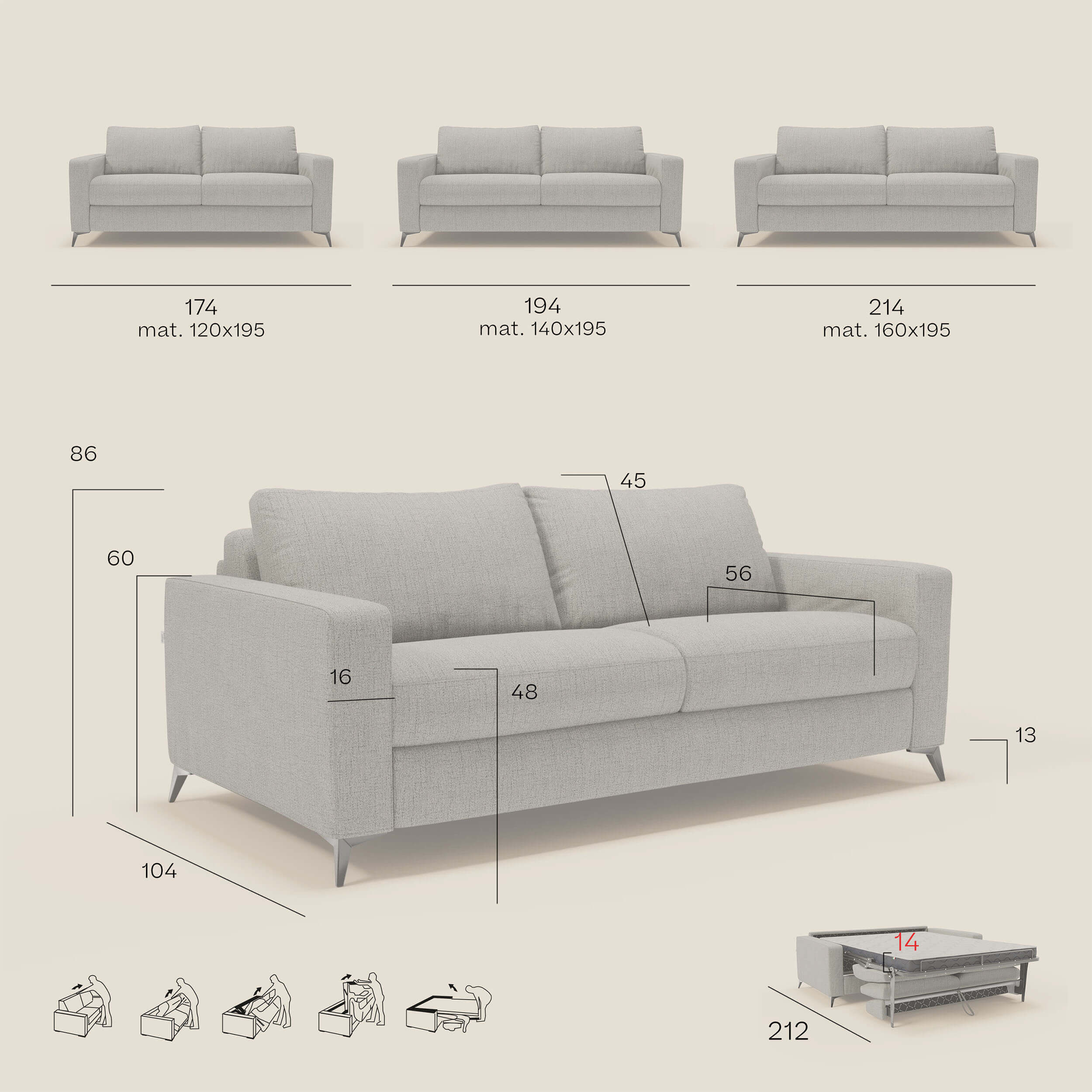 Alaya Schlafsofa mit weichen Kissen aus wasserfestem Stoff T03 grau