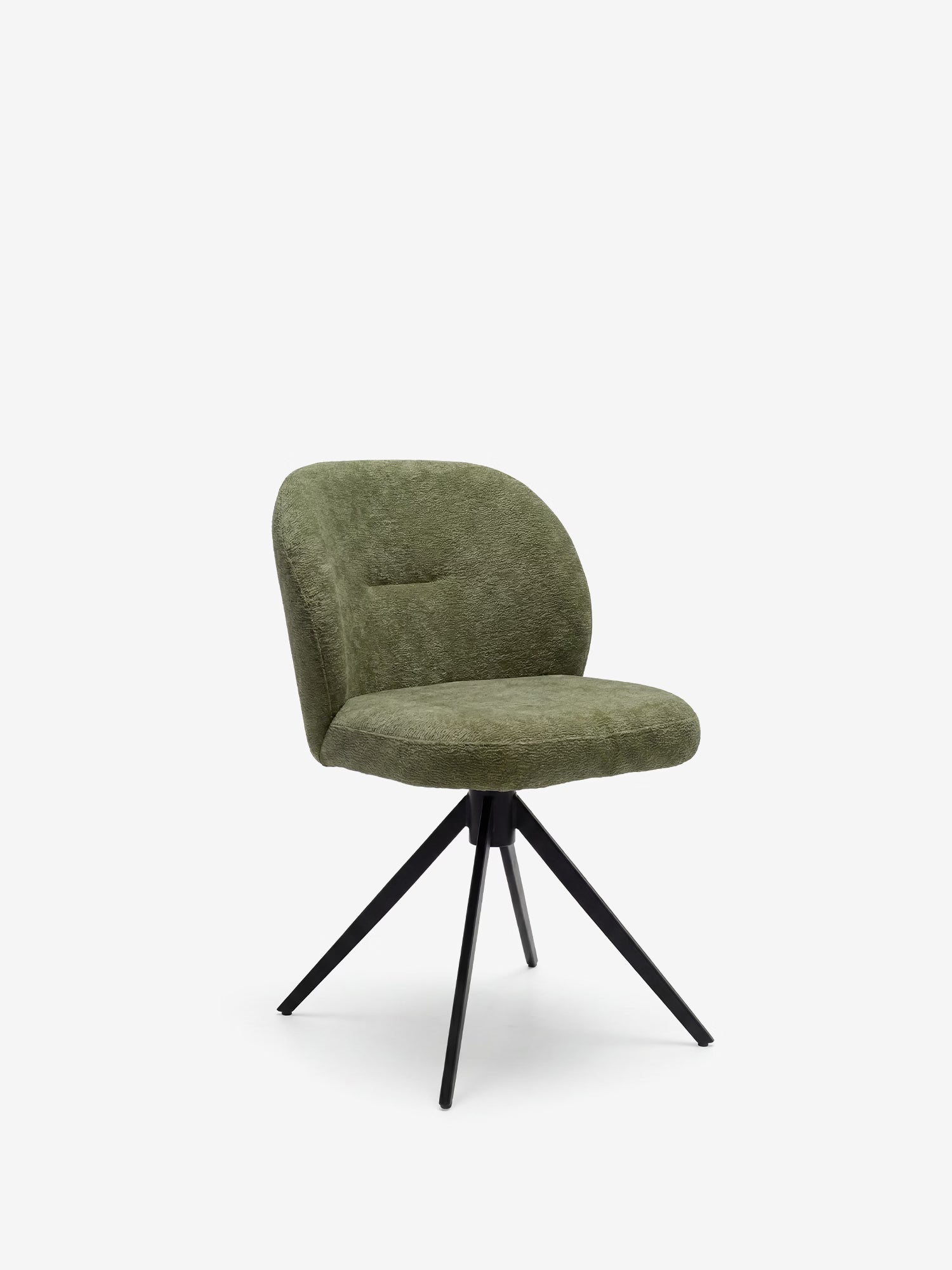 La sedia imbottita Alba di Divani.Store è realizzata in tessuto verde oliva certificato OEKO-TEX®, con seduta e schienale dalla trama rigata, abbinati a gambe in metallo nero a forma di stella: il tutto su uno sfondo bianco a tinta unita, per un look moderno.