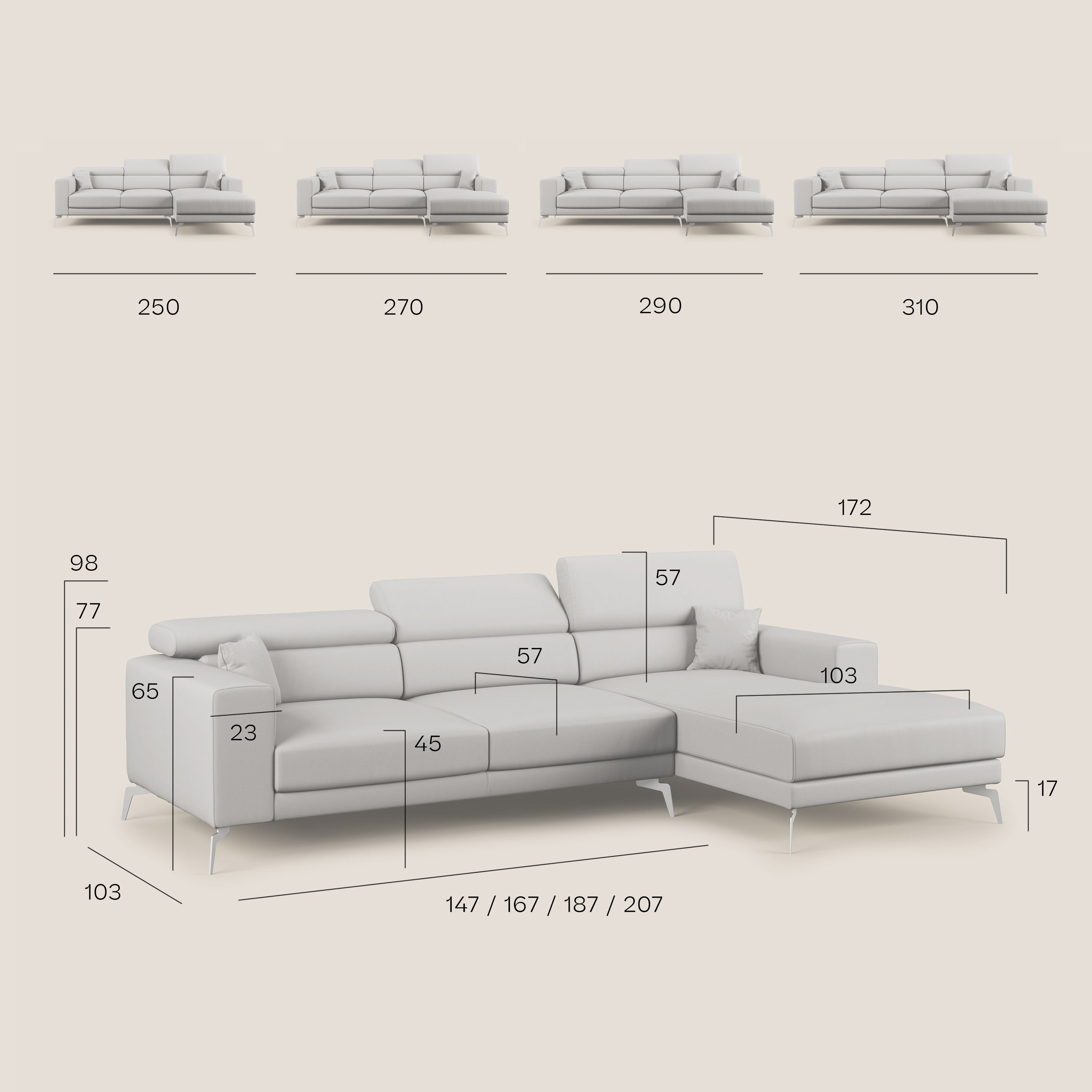 Blade Divano moderno angolare con poggiatesta reclinabili in tessuto impermeabile simil-cotone T13 beige - divani.store