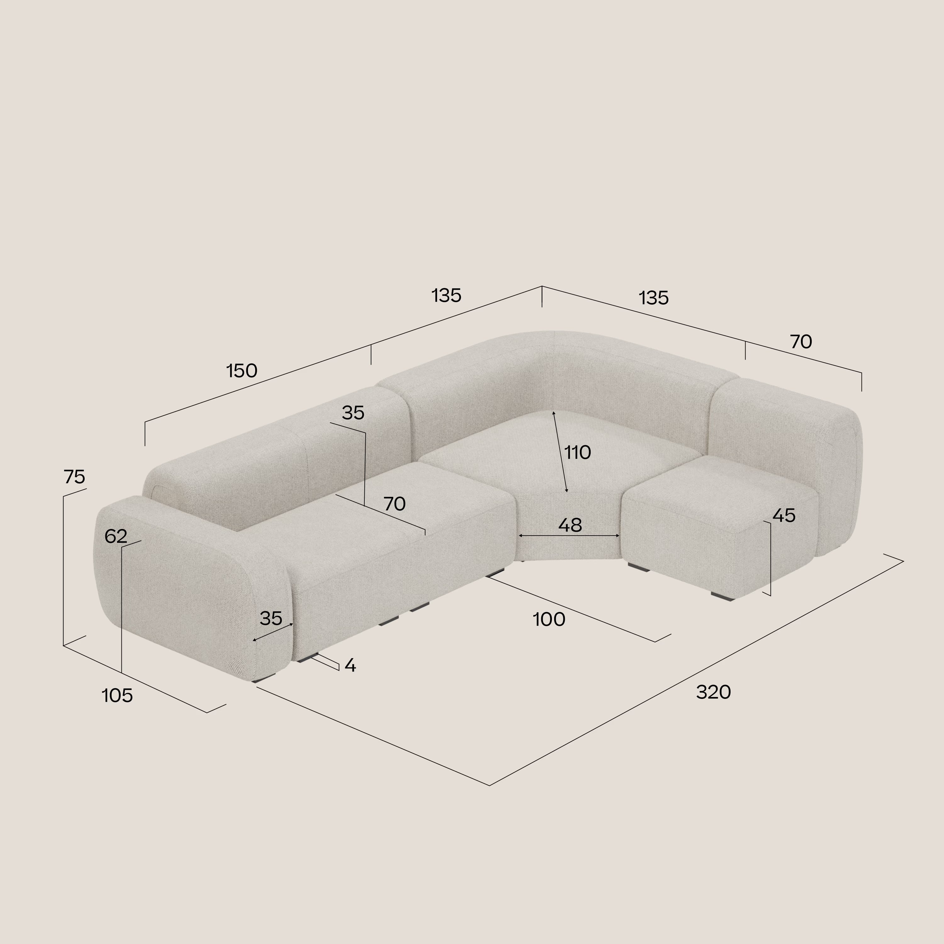 BonBon Ecksofa, modular und kombinierbar – abwaschbarer Stoff T23 beige