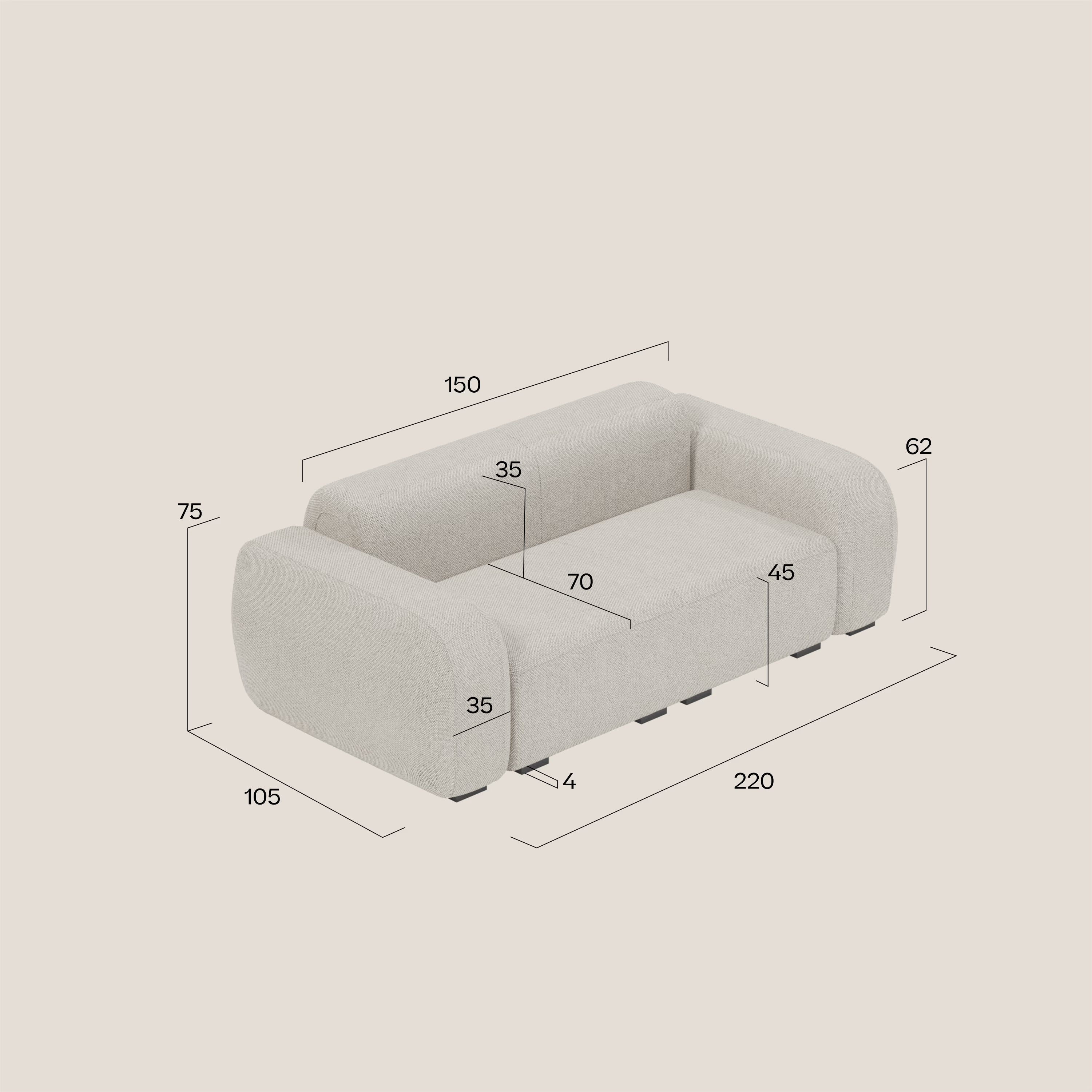 BonBon modulares Linearsofa 220 - Einteiliger Sitz aus abwaschbarem Stoff T23 graubeige