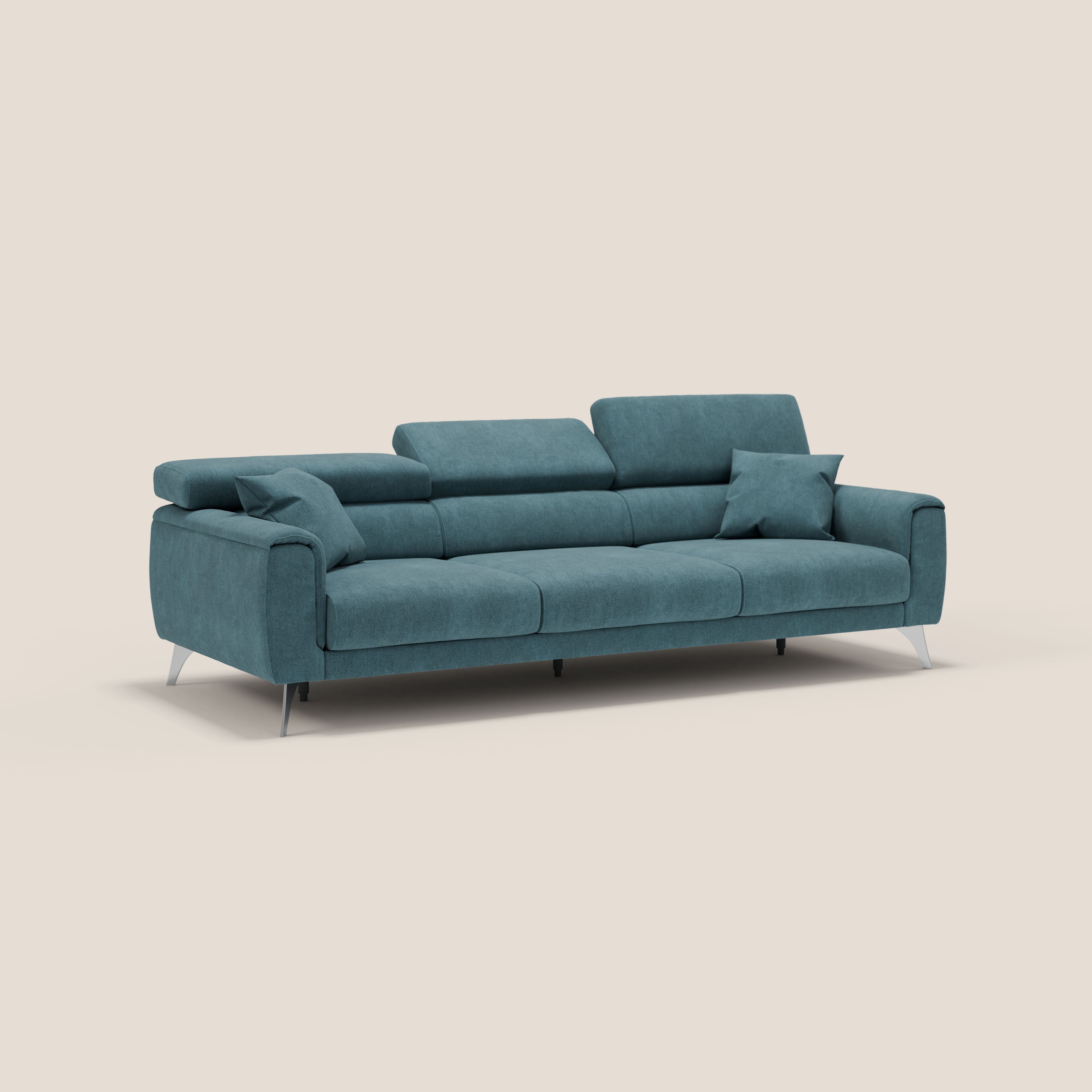 Caravaggio divano con 3 sedute allungabili indipendenti e poggiatesta reclinabili in tessuto impermeabile T02 petrolio - divani.store