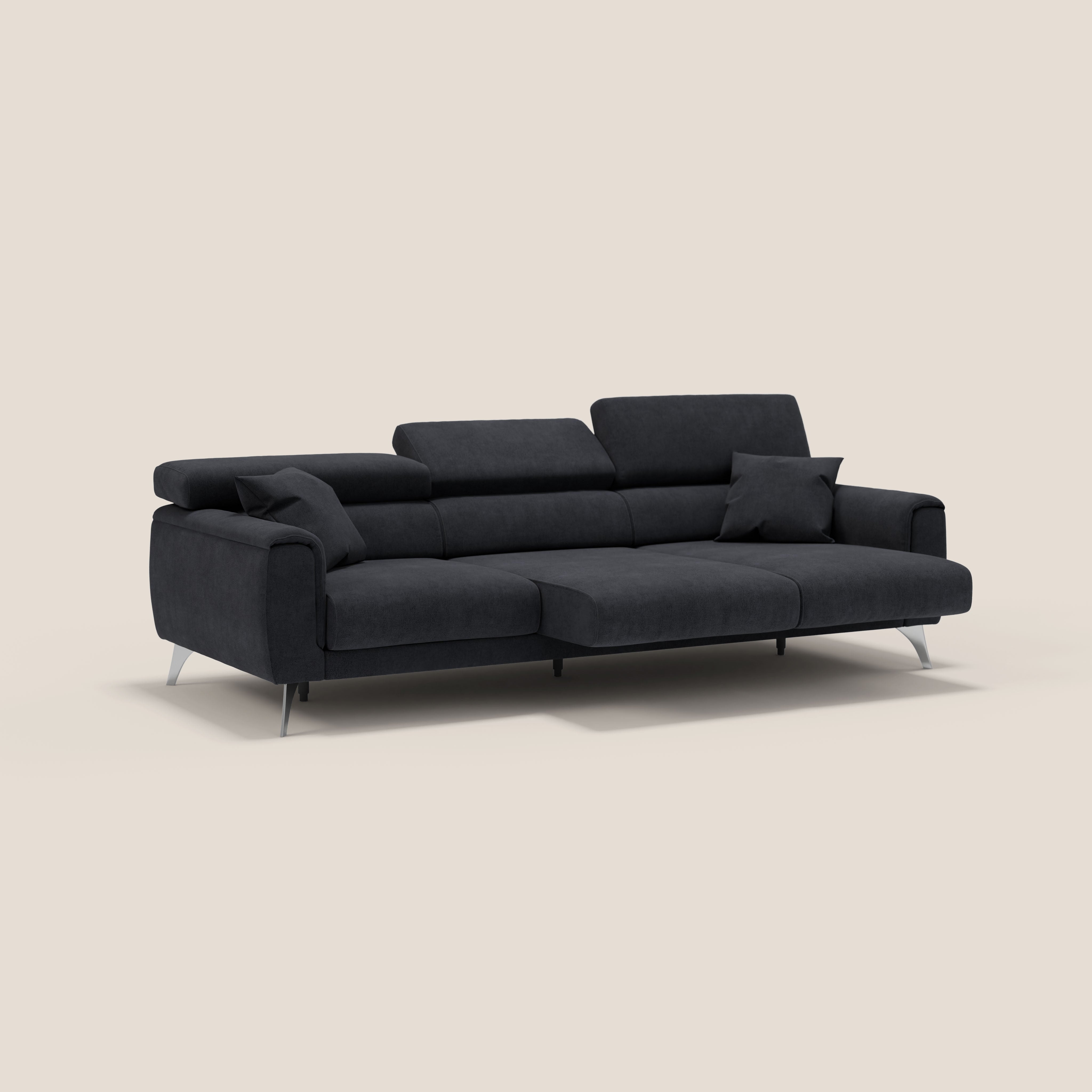 Caravaggio divano con 3 sedute allungabili indipendenti e poggiatesta reclinabili in tessuto impermeabile T02 nero - divani.store