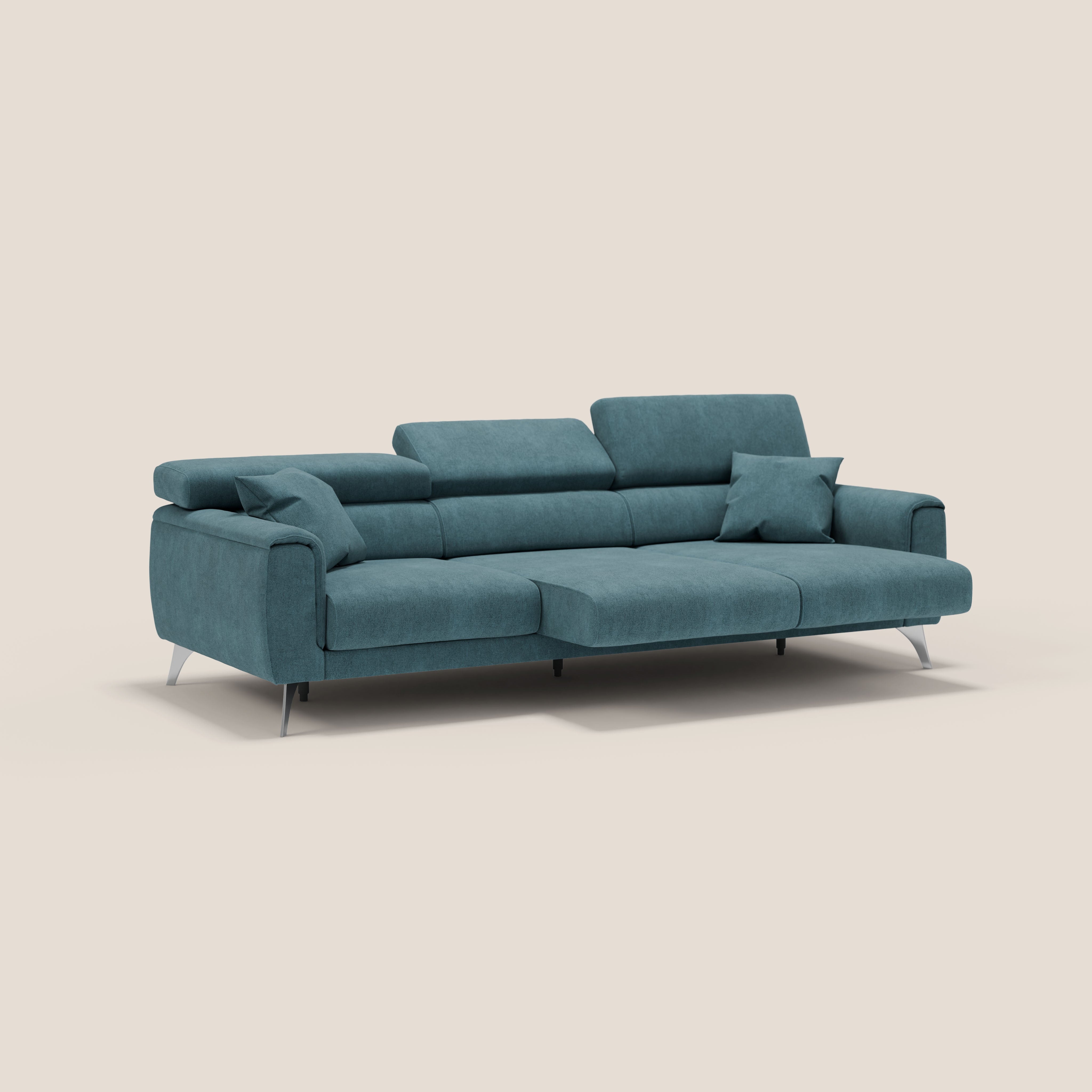 Caravaggio divano con 3 sedute allungabili indipendenti e poggiatesta reclinabili in tessuto impermeabile T02 petrolio - divani.store