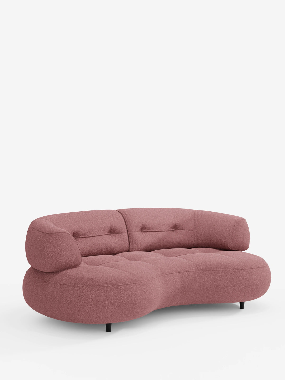 Il divano Curvato a fagiolo a 3 posti con schienali traslanti in morbido tessuto effetto cotone smacchiabile T33 è un divano color rosa antico, a forma di fagiolo, con 3 posti, imbottitura a bottoni profondi, braccioli arrotondati e piedini affusolati scuri.