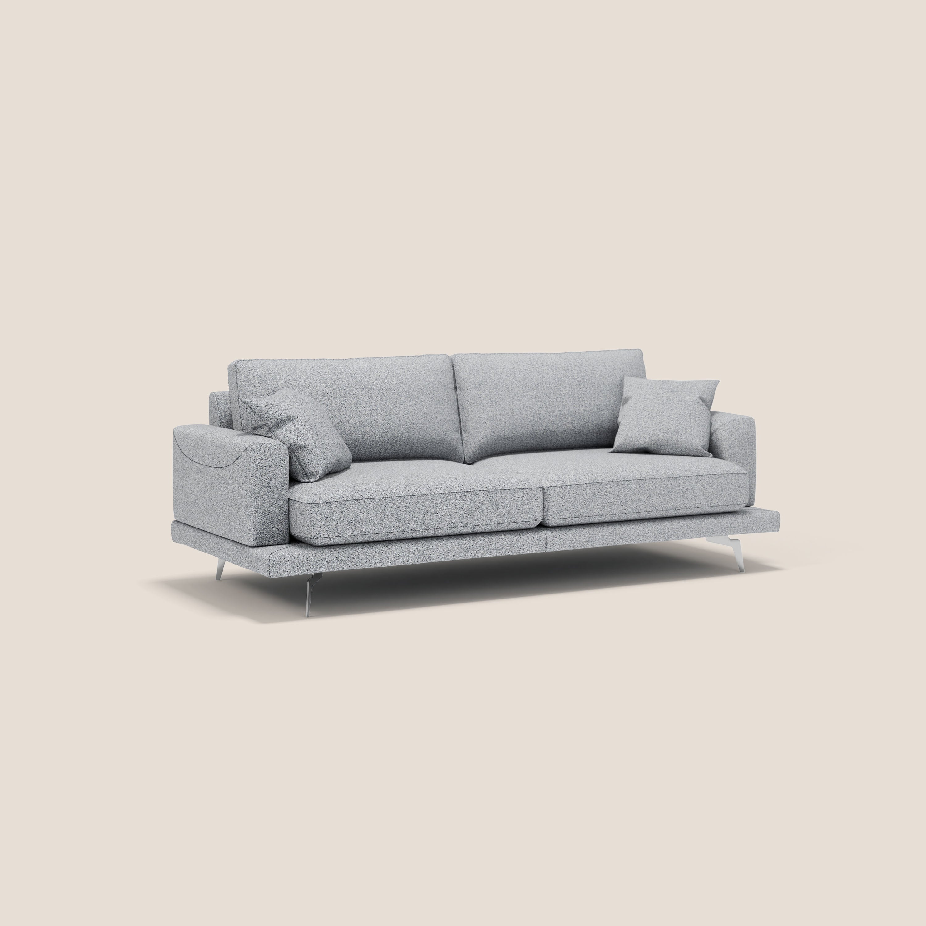 Il divano moderno Dorian 218 cm di Divani.Store in morbido tessuto antimacchia T12 carta da zucchero è dotato di due cuscini per la seduta e lo schienale, due cuscini in piuma d'oca coordinati, sottili gambe in metallo e braccioli dritti per un look elegante.