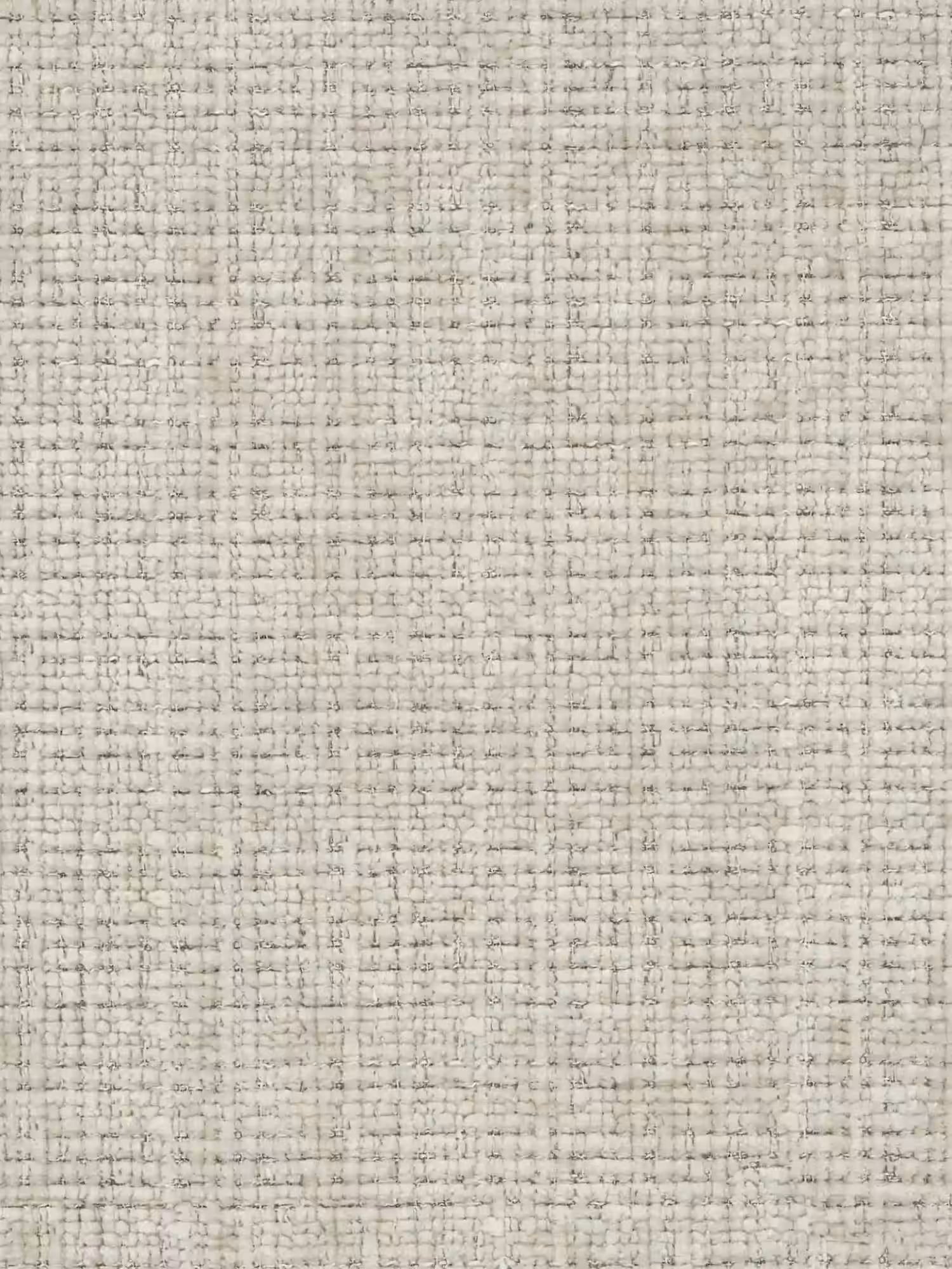 Un primo piano del tessuto in ciniglia certificato OEKO-TEX® della sedia Dafne di Divani.Store rivela una trama a griglia nei toni del beige chiaro e del grigio, con fibre a vista, che conferisce a questa elegante sedia in legno massello wengé un aspetto naturale e raffinato.